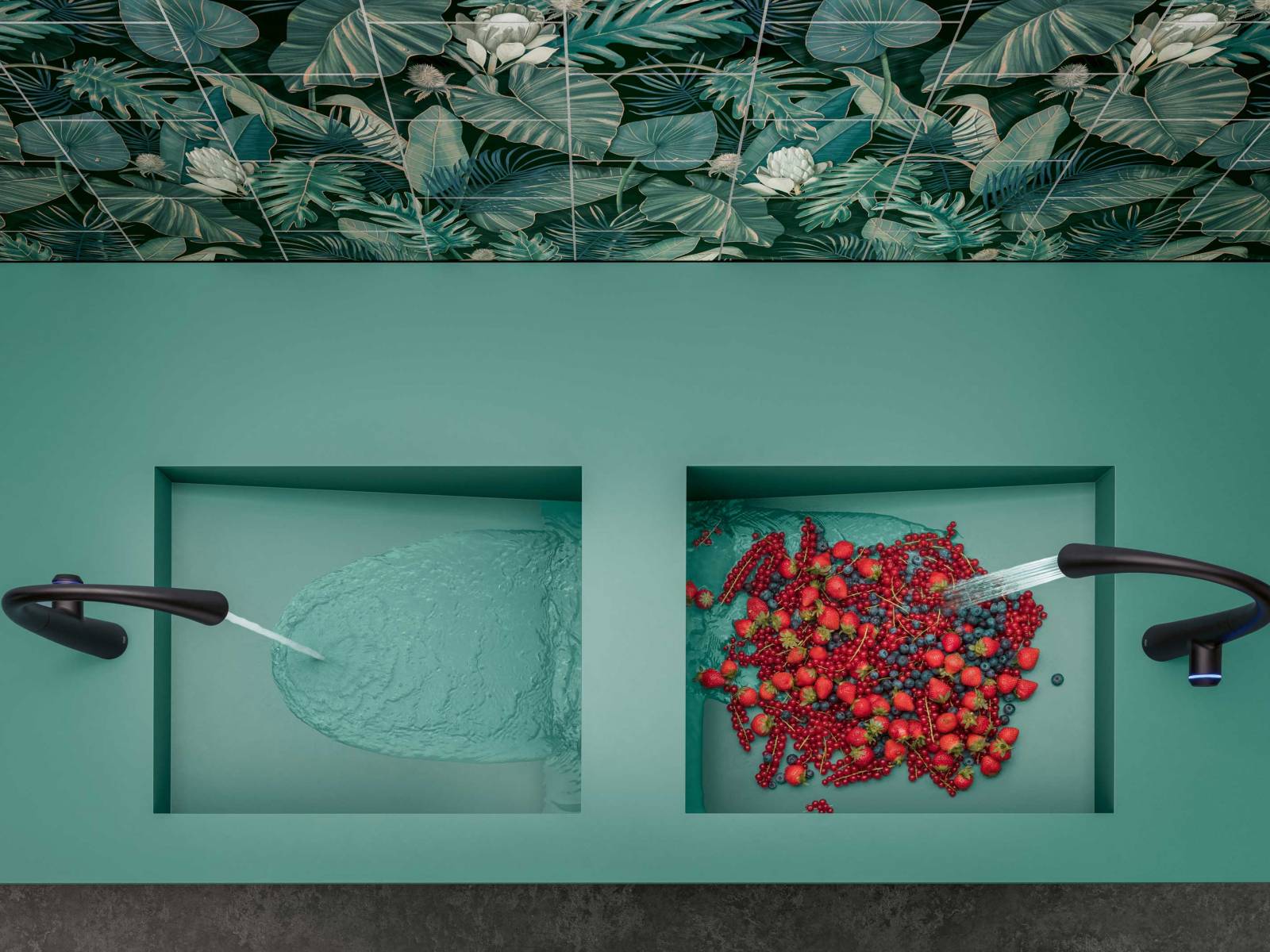 Kunstvolle Skulptur mit Potenzial zum stimmungsvollen Leuchtobjekt – «Zoe» ist alles andere als gewöhnlich. Je nach Blickwinkel scheint die Armatur ihre Form zu verändern, wobei sie in jeder Position alle Bereiche der Spüle und bei Nutzung der Auszugsbrause weite Bereiche auf dem Counter abdeckt. Das integrierte Licht unterstützt die Arbeit und sorgt bei Dunkelheit für eine stimmungsvolle Atmosphäre. KWC. Foto: © Fotograf – Hunger & Simmeth GmbH.