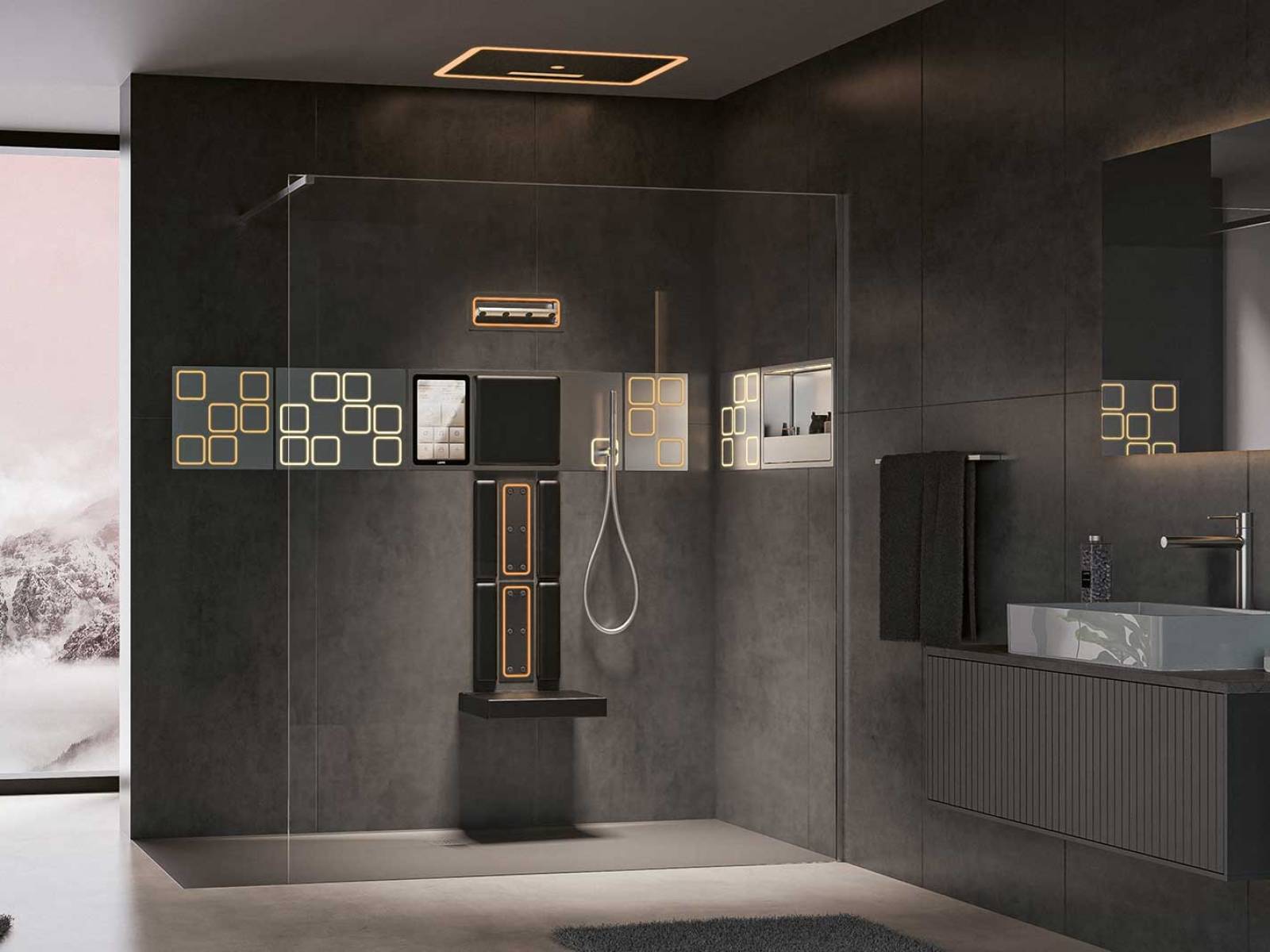 Mit «MySpa» hebt Laufen das Duscherlebnis auf ein neues Niveau. Wasser, Licht und intuitive Steuerung verschmelzen zu einem individuellen Ritual, das den Alltag vergessen lässt. Das modulare System kombiniert ein Wandpaneel mit eleganten Lichtfliesen, einem intuitiven Touch-Display, einer beleuchteten Ablagebox und verschiedenen Duschkomponenten zu einer raffinierten Einheit. Das Herzstück ist das Display mit seiner smartphone-ähnlichen Benutzeroberfläche. LAUFEN.