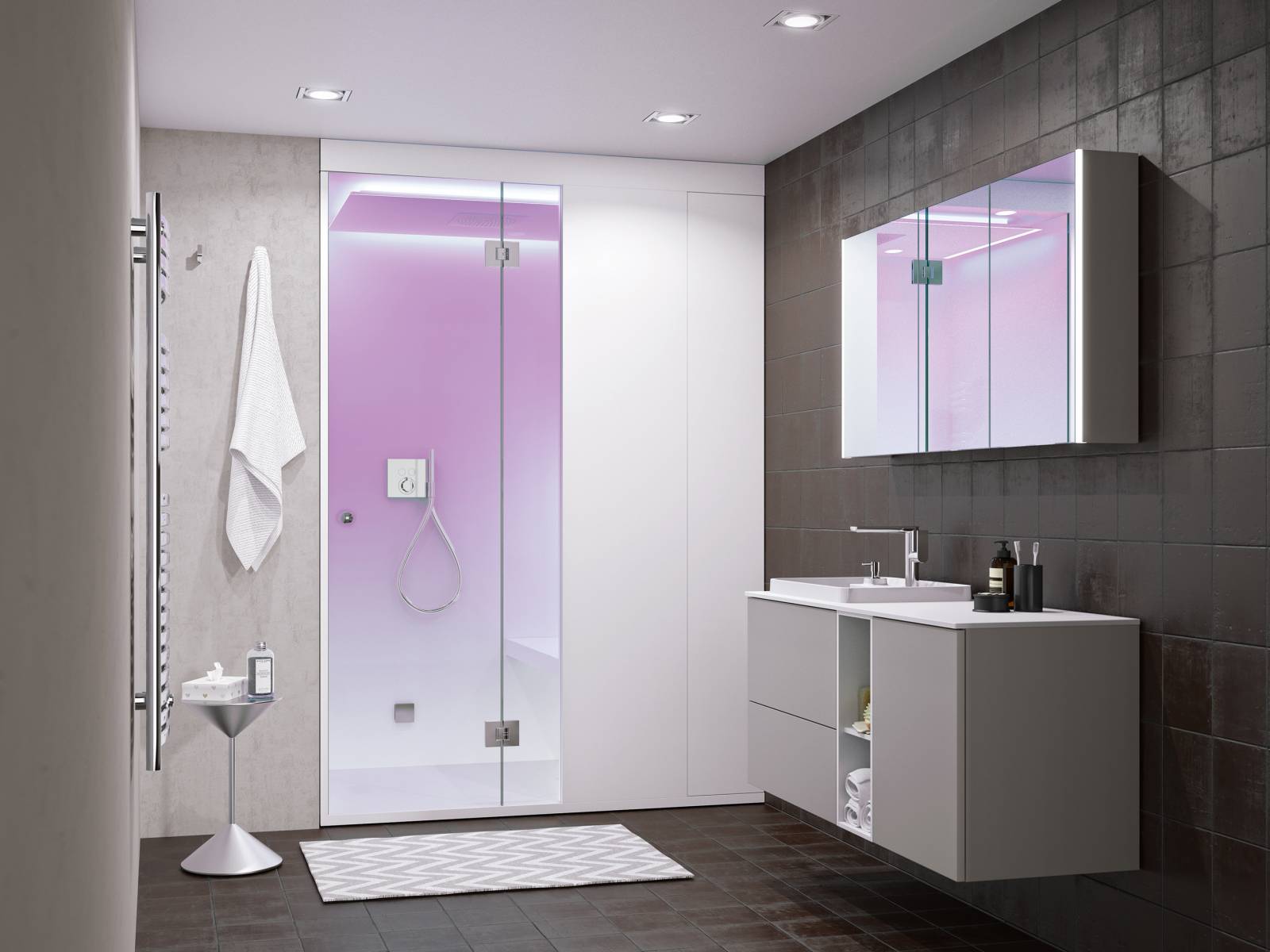 Kaum grösser als eine herkömmliche Dusche kombiniert «Steam Fit» Dusche mit Dampfdusche und sorgt für maximale Entspannung auch auf kleinstem Raum. Die freischwebende Sitzbank mit LED-Beleuchtung ist zugleich Ausdruck reduzierten Designs als auch hochwertiger Materialisierung. Küng Sauna.