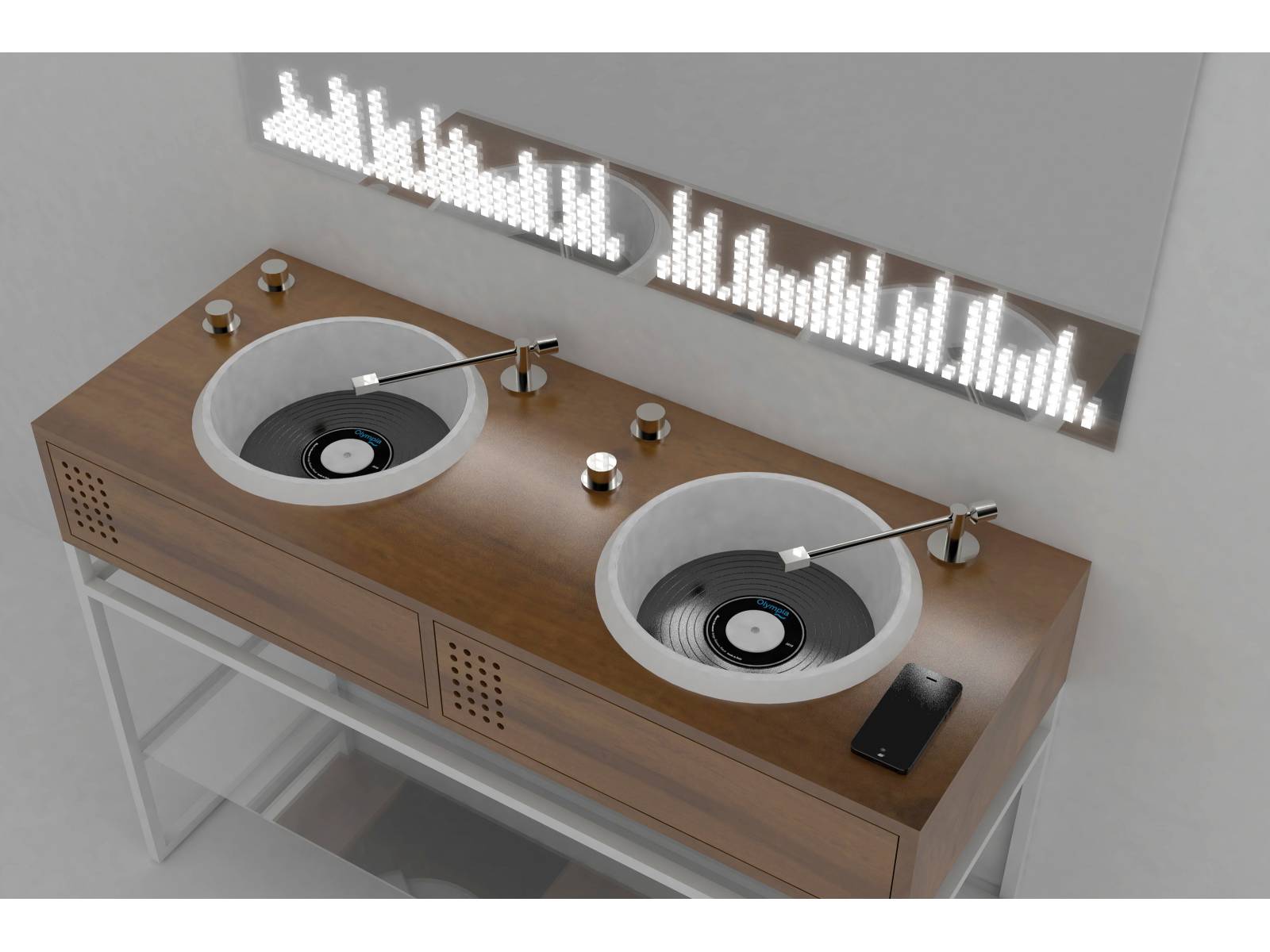 Auf geschmack- und humorvolle Art wurde futuristisches Design mit einer Portion Nostalgie versehen und endete in der Kreation des Waschtisches «Vinyl», der in seiner Art an ein Mischpult der 1980er-Jahre erinnert. Die Musik kommt nicht zu kurz, denn die Schublade der Möbelkonsole beherbergt einen Musikverstärker mit Bluetooth-Schnittstelle. Design: Gianluca Paludi. Olympia Ceramica.
