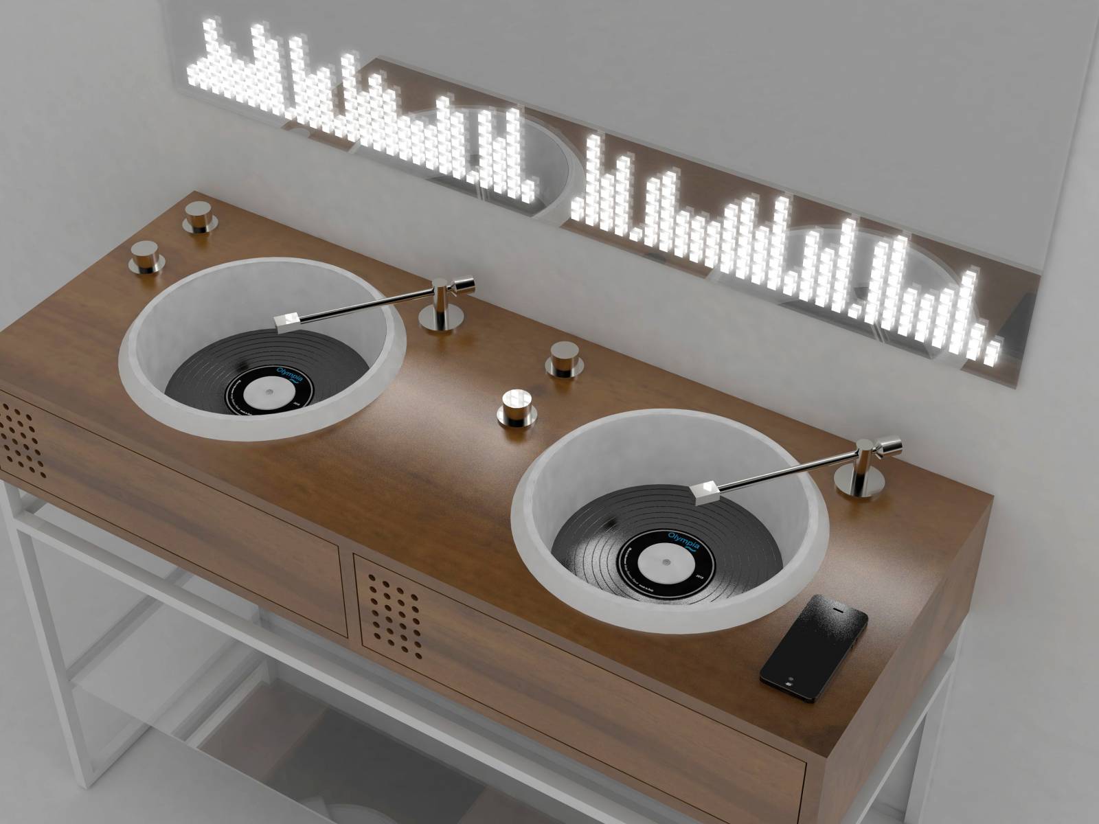 Auf geschmack- und humorvolle Art wurde futuristisches Design mit einer Portion Nostalgie versehen und endete in der Kreation des Waschtisches «Vinyl», der in seiner Art an ein Mischpult der 1980er-Jahre erinnert. Die Musik kommt nicht zu kurz, denn die Schublade der Möbelkonsole beherbergt einen Musikverstärker mit Bluetooth-Schnittstelle. Design: Gianluca Paludi. Olympia Ceramica.