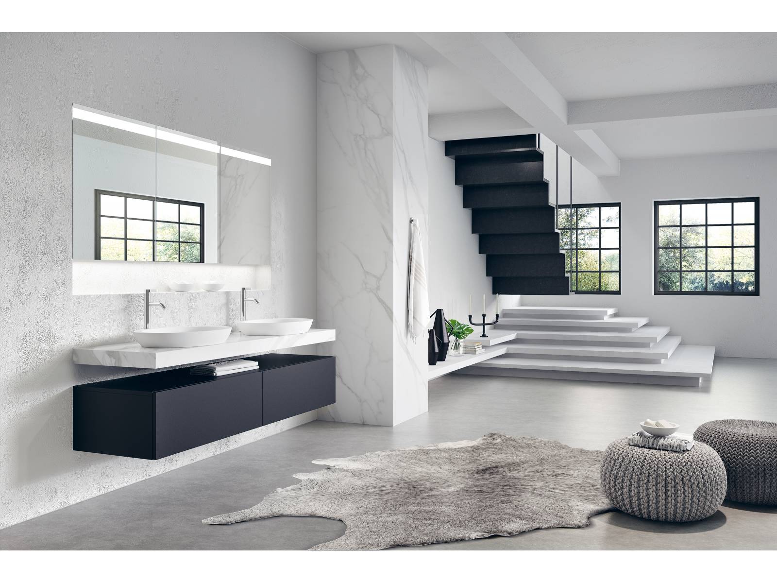 Marmor, in seiner Eleganz kaum zu übertreffen, verleiht auch der Badmöbelkollektion «Spirit» einen besonders edlen Look. Aus Porzellankeramik in Carrara-Marmor-Optik gefertigt wird das formschöne Becken, vor allem in Kombination mit schwarzen Armaturen, optimal in Szene gesetzt. Talsee.