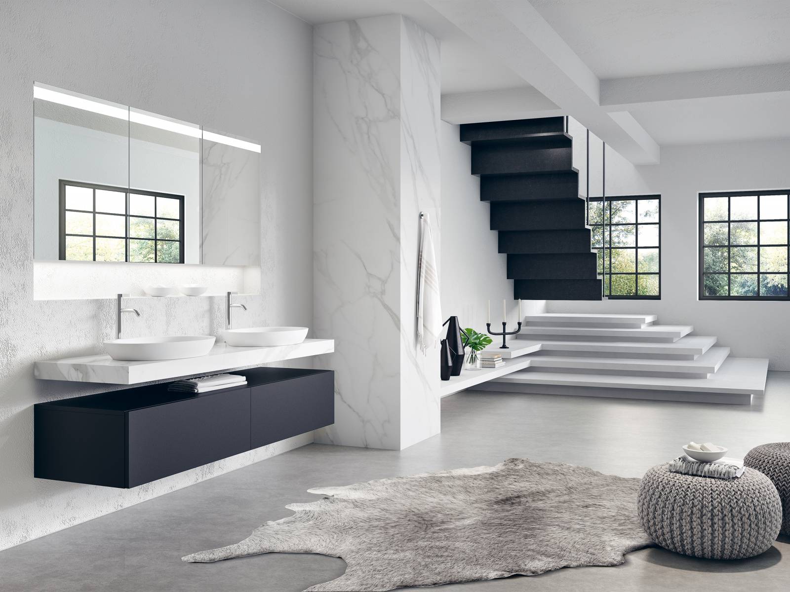 Marmor, in seiner Eleganz kaum zu übertreffen, verleiht auch der Badmöbelkollektion «Spirit» einen besonders edlen Look. Aus Porzellankeramik in Carrara-Marmor-Optik gefertigt wird das formschöne Becken, vor allem in Kombination mit schwarzen Armaturen, optimal in Szene gesetzt. Talsee.