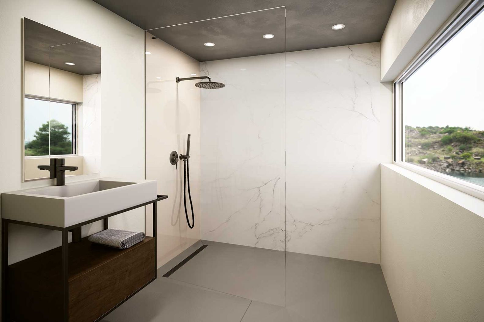 Zeit für Abwechslung? Die Wandverkleidung «PanElle» bringt mit den Dekoren Nuvoloso und Aquafera eine elegante Marmoroptik ins Bad – und das bei minimalem Aufwand: Sie wird direkt auf den bestehenden Untergrund aufgeklebt. duscholux.com