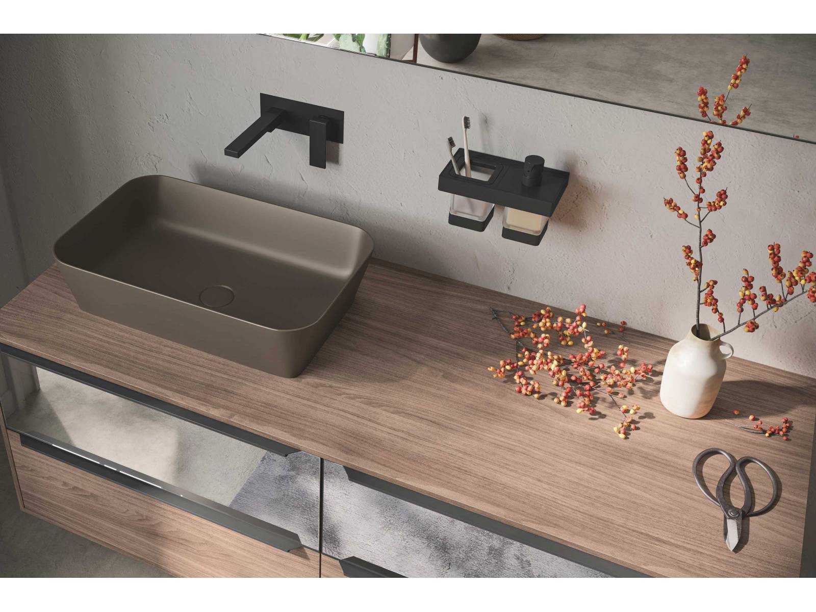 «Coretto» macht fast alles möglich. Das Badmöbelsystem bietet unterschied­liche Grössen, Oberflächen und Materialien für die Fronten. Dank der neuen Rahmentüren können letztere sogar mit Porzellanstein oder satiniertem Glas belegt werden. Inda.