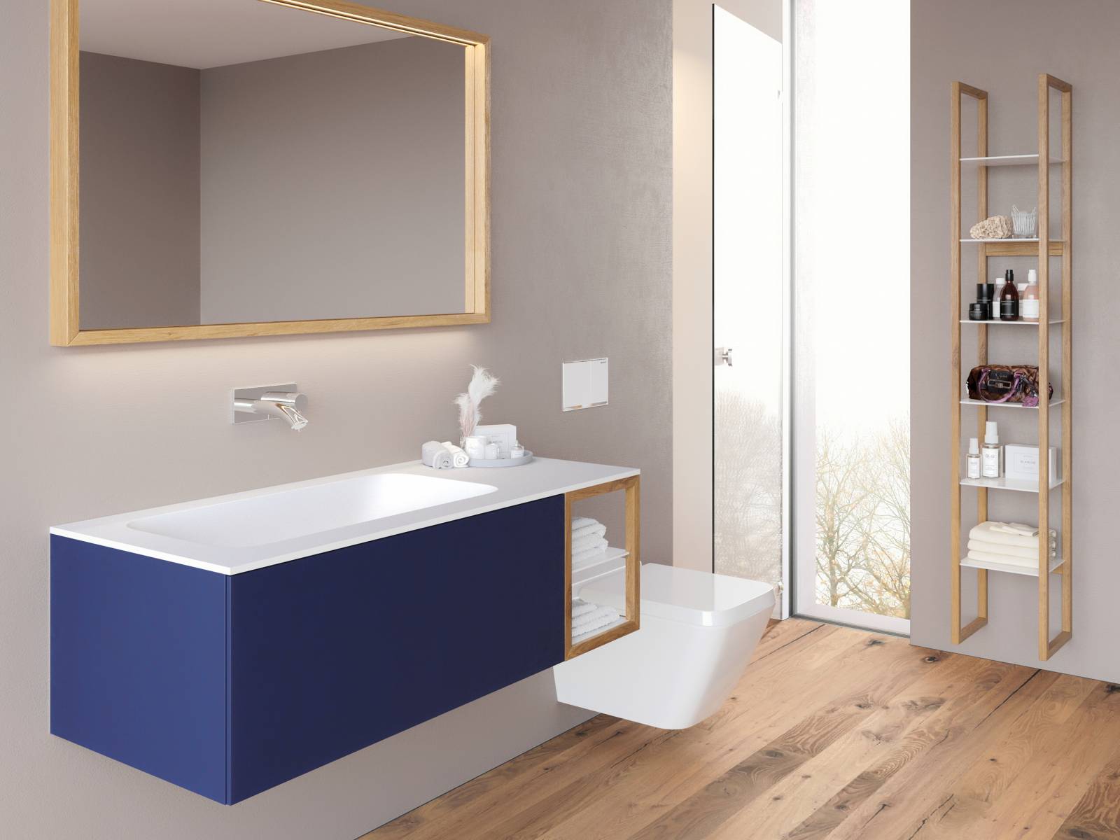 Gekonnt kombiniert: Der Spezialist für Badmöbel stattet das Möbelprogramm Vanity Aria mit Regalen aus massiver Eiche aus. Diese bilden einen spannenden Kontrast zu den schlichten Unterbauten und den Waschtischen aus Mineralwerkstoff. Loosli Badmöbel.