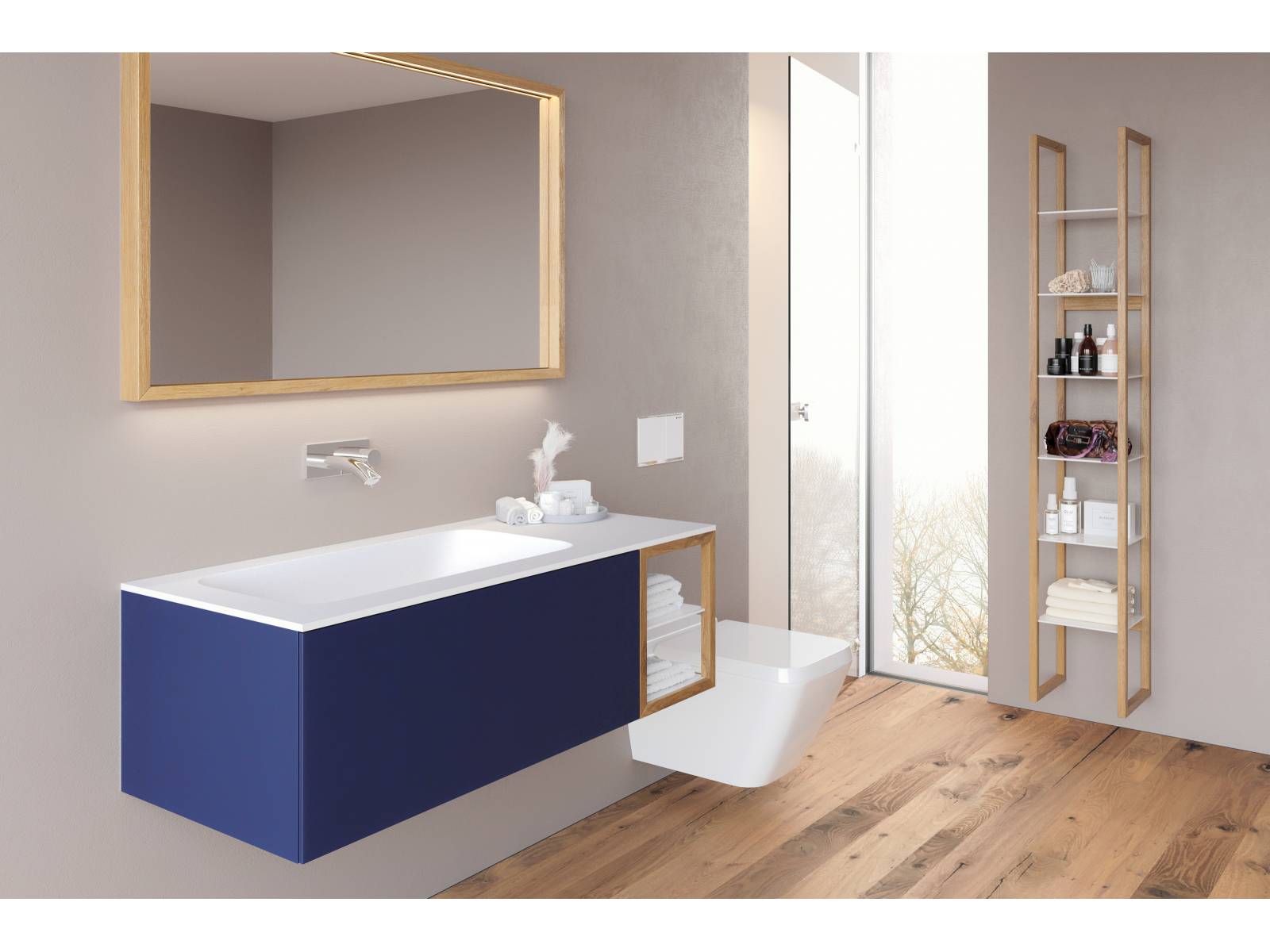 Gekonnt kombiniert: Der Spezialist für Badmöbel stattet das Möbelprogramm Vanity Aria mit Regalen aus massiver Eiche aus. Diese bilden einen spannenden Kontrast zu den schlichten Unterbauten und den Waschtischen aus Mineralwerkstoff. Loosli Badmöbel.