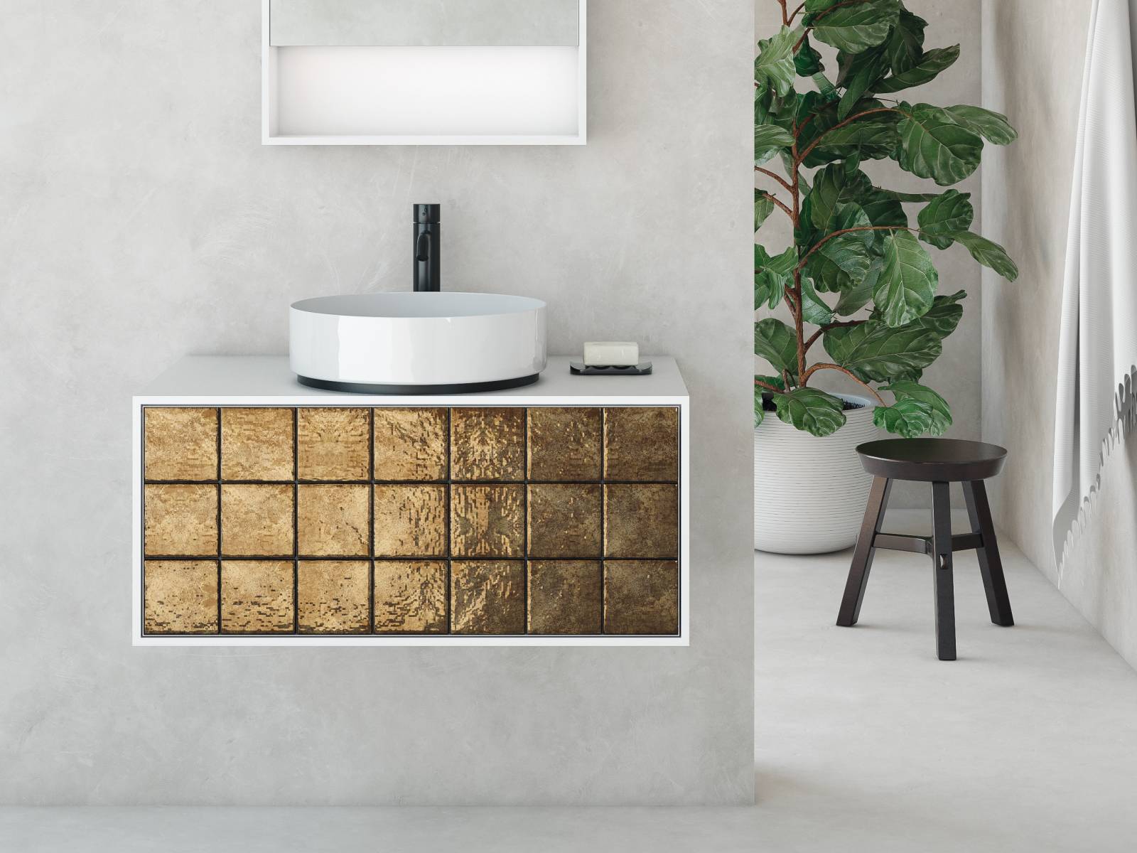 Handgemachte und ofenglasierte Fliesen aus Portugal schmücken die Möbelfronten der Special Edition «Artisan». Unser Urteil zur Kombination des kreisrunden Aufsatzwaschbeckens und der schwarzen Armatur? Goldrichtig! Talsee.