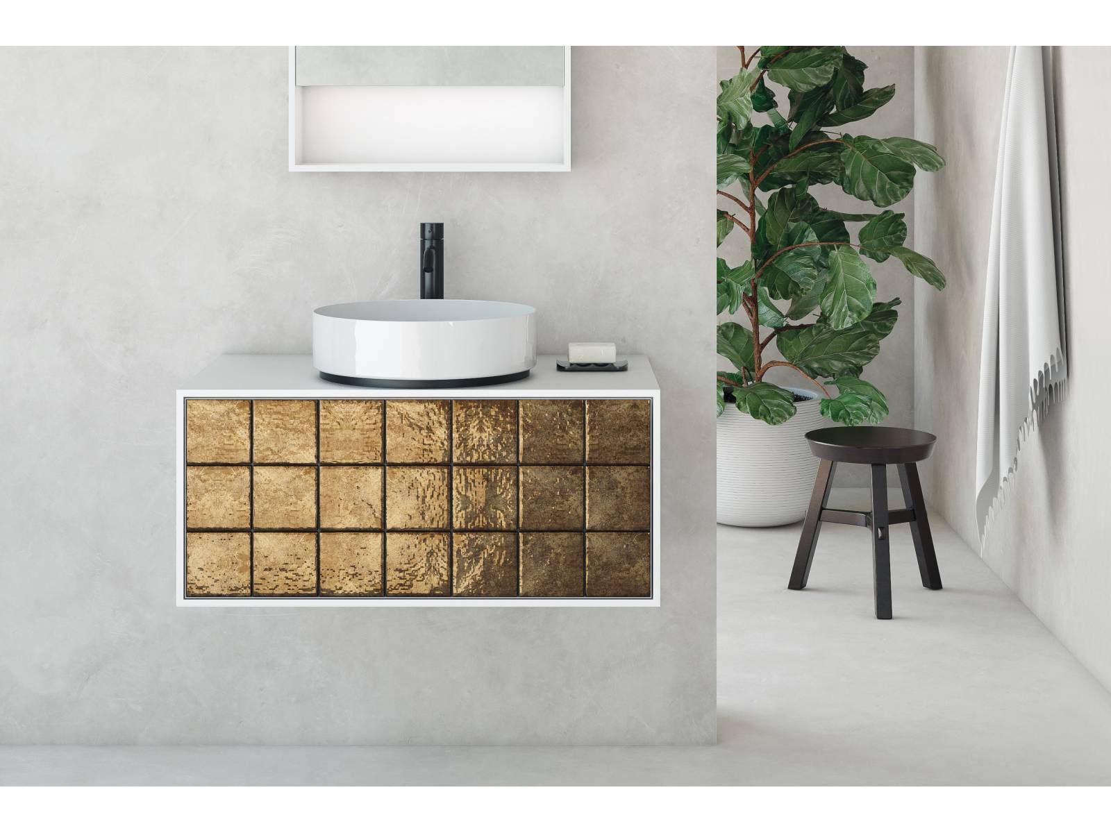 Handgemachte und ofenglasierte Fliesen aus Portugal schmücken die Möbelfronten der Special Edition «Artisan». Unser Urteil zur Kombination des kreisrunden Aufsatzwaschbeckens und der schwarzen Armatur? Goldrichtig! Talsee.