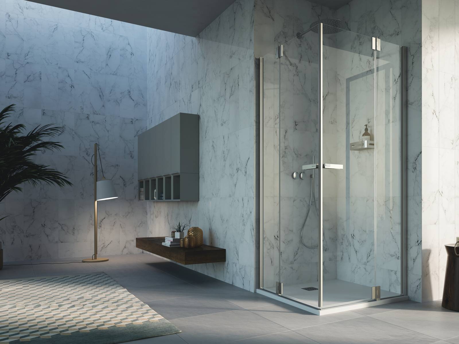 Praia heisst das smarte Duschwandsystem des italienischen Premiumherstellers. Ob als halbrunde Eckversion oder in der Nische, die Duschwände lassen sich einfach auf und zu schieben und per Magnet wasserdicht schliessen. Inda.