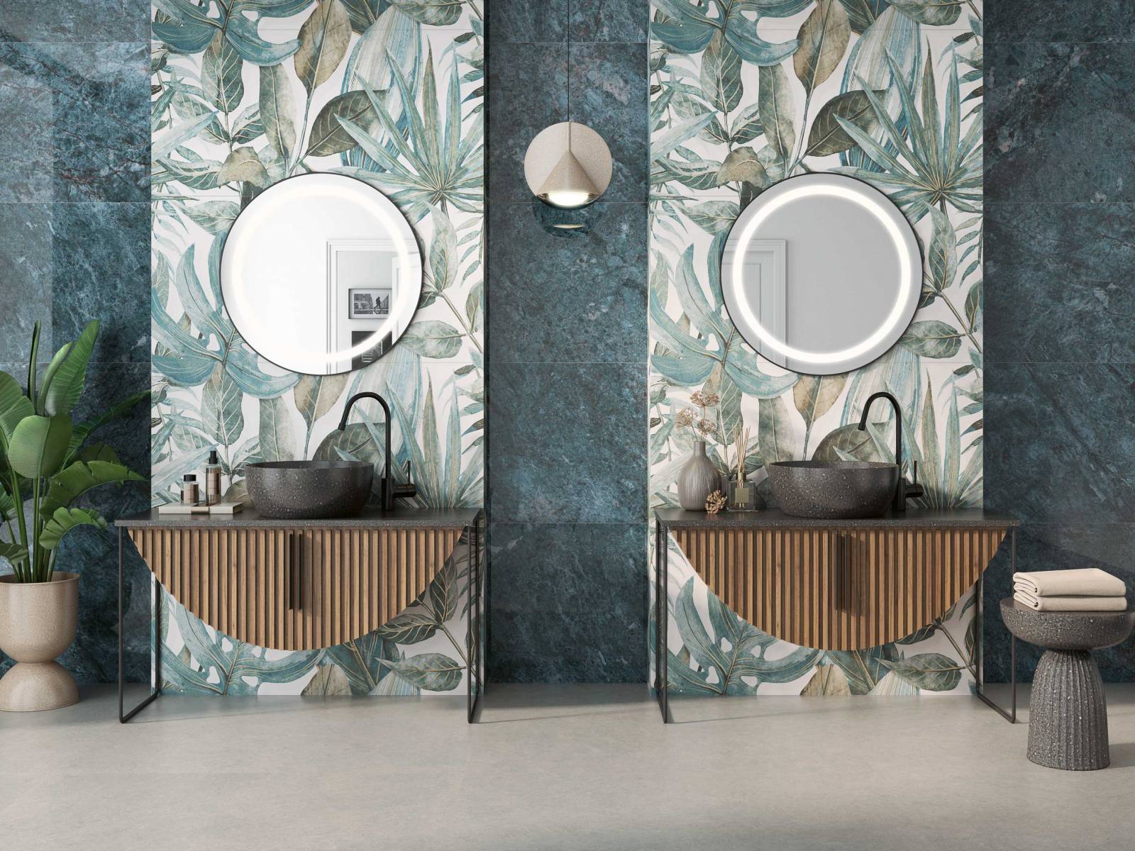 Zur Badgestaltung gehören mehr als schöne Armaturen und Keramik. Zum Beispiel farbige Wandfliesen, wie die mit botanischen Motiven kunstvoll verzierte Keramikserie «Noblesse Saragossa Giardino». HGC.