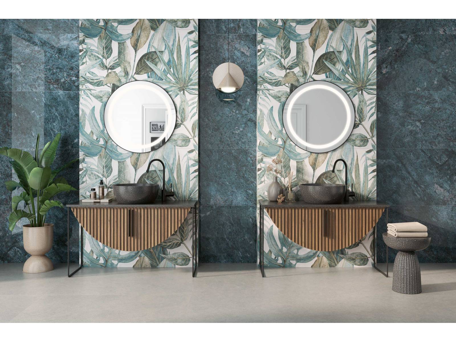 Zur Badgestaltung gehören mehr als schöne Armaturen und Keramik. Zum Beispiel farbige Wandfliesen, wie die mit botanischen Motiven kunstvoll verzierte Keramikserie «Noblesse Saragossa Giardino». HGC.