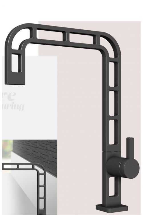 Aus einem innovativen Produktionsprozess ist der Wasserhahn «One-A» hervorgegangen, der durch seine dreidimensionale Textur verblüfft. Auch in schwarzem Stahl, Design: Massimiliano Settimelli. Webert.