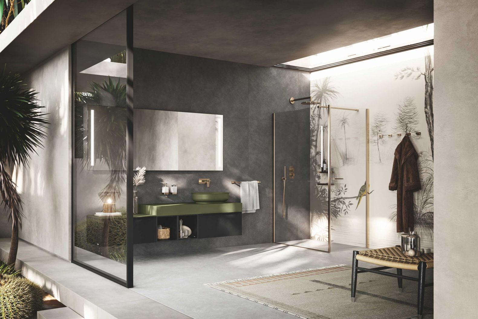 Die Ausstattungslinie «Lea» gewinnt durch die veredelten Profile der Walk-In-Duschabtrennung sowie das Zubehör mit Bronze-Finish an Eleganz. Der warme Metallton unterstreicht die Geometrien der einzelnen Elemente und verleiht dem puristischen Bad einen edlen Touch. INDA.NET