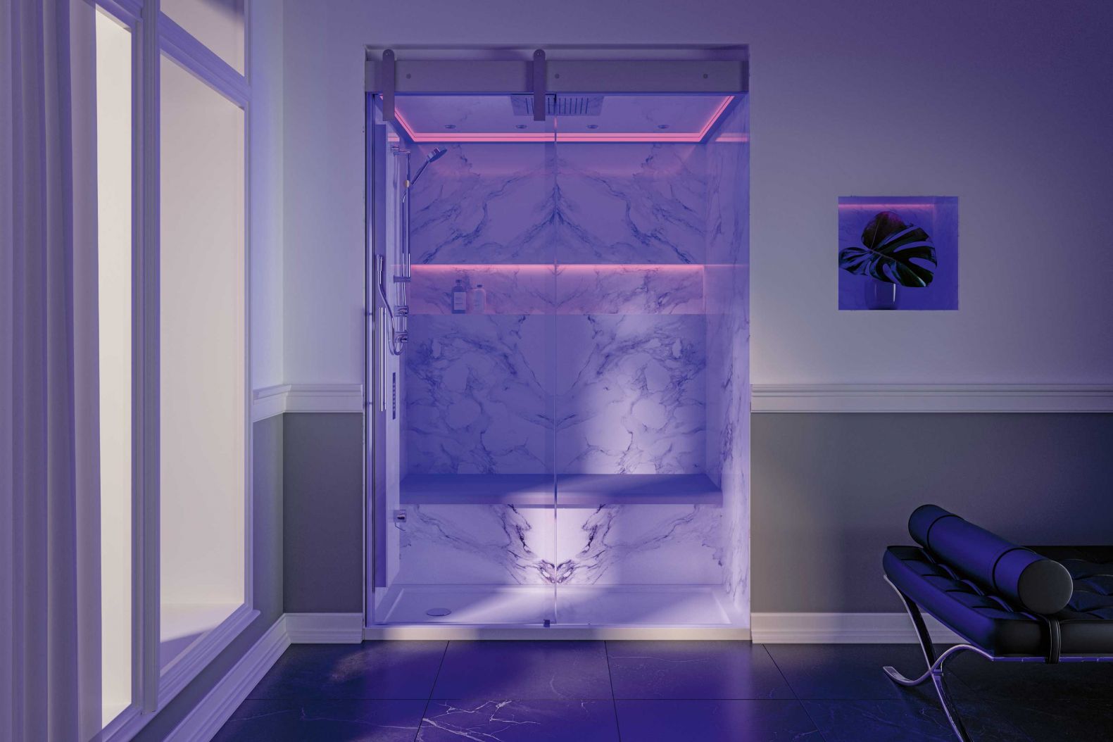 Nicht nur an kalten Tagen ist ein wärmendes Dampfbad eine Wohltat: Heizt der Dampfgenerator erst einmal so richtig ein, lässt es sich auf der Keramiksitzbank «Banff» komfortabel Platz nehmen, während Kopfbrause, Nebeldüsen und Farblichttherapie für Genuss sorgen. Duschtasse und Wände sind aus Mineralwerkstoff gefertigt, der die matte, porenfreie Oberfläche von Stein mit einer  samtigen Haptik vereint. REPABAD.COM