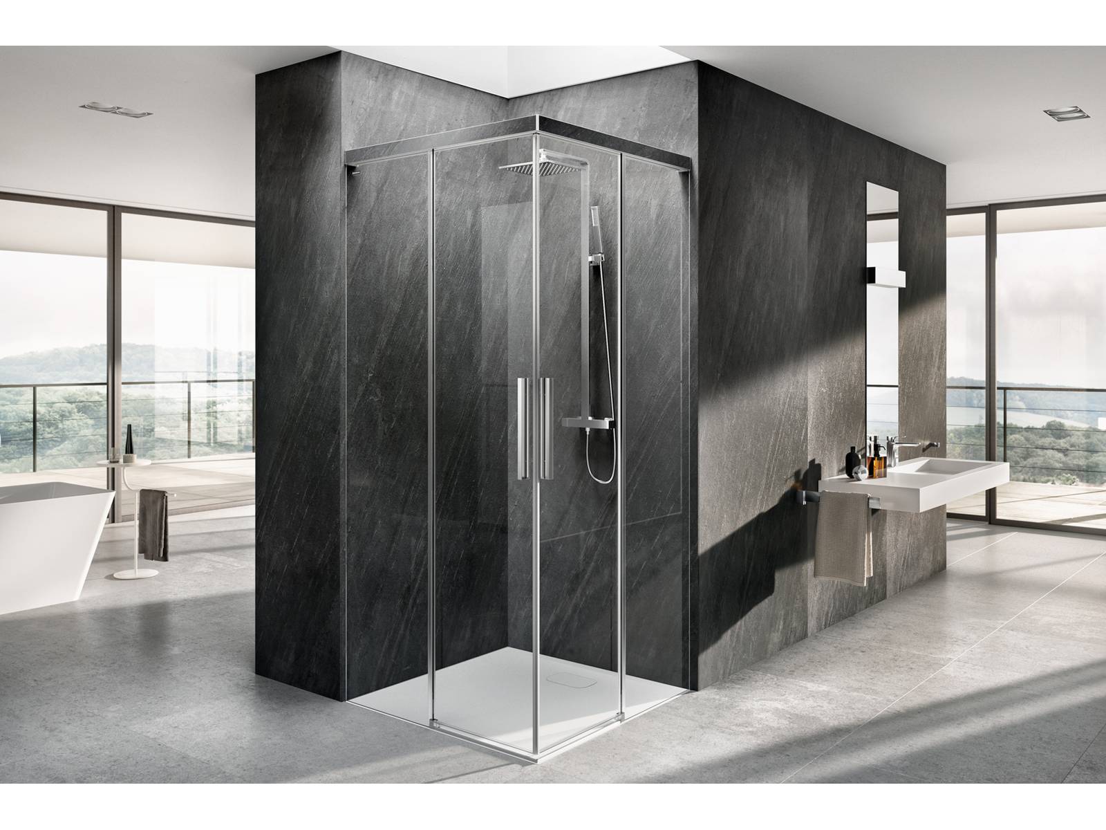 Teilgerahmte Schiebetüren ohne Wandprofile und ein flaches Top-Profil mit verdeckter Rollenführung verleihen der Duschwand «Viva» eine besonders transparente Optik. Neu ist das individualisierbare Führungsprofil in Glas- oder Steinoptik. Kombiniert mit der passenden PanElle Wandverkleidung entsteht ein stimmiges Raumerlebnis mit persönlicher Note.