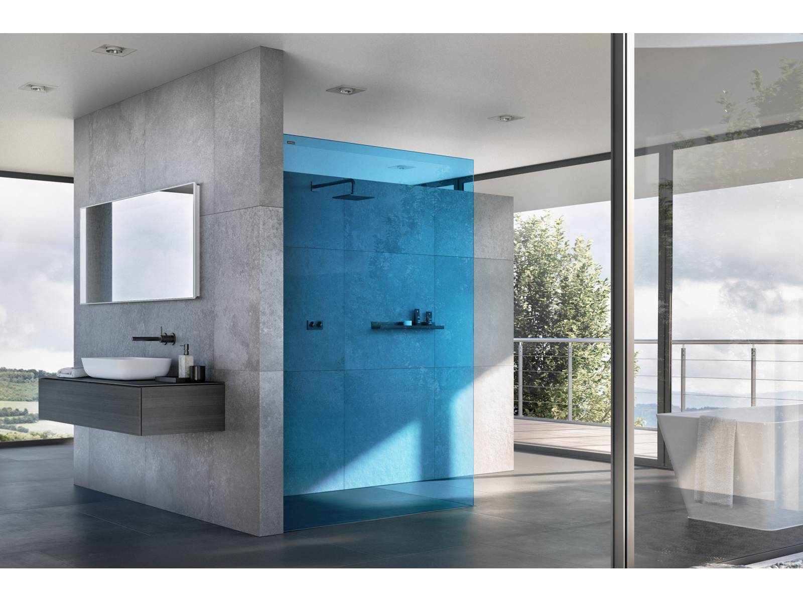 Mit «Air Colours» setzt Duscholux neue Akzente: In den Farbtönen Sunset Gold, Ocean Blue, Desert Sun und Ruby Red wird die Duschwand zum ausdrucksstarken Designobjekt im Bad.