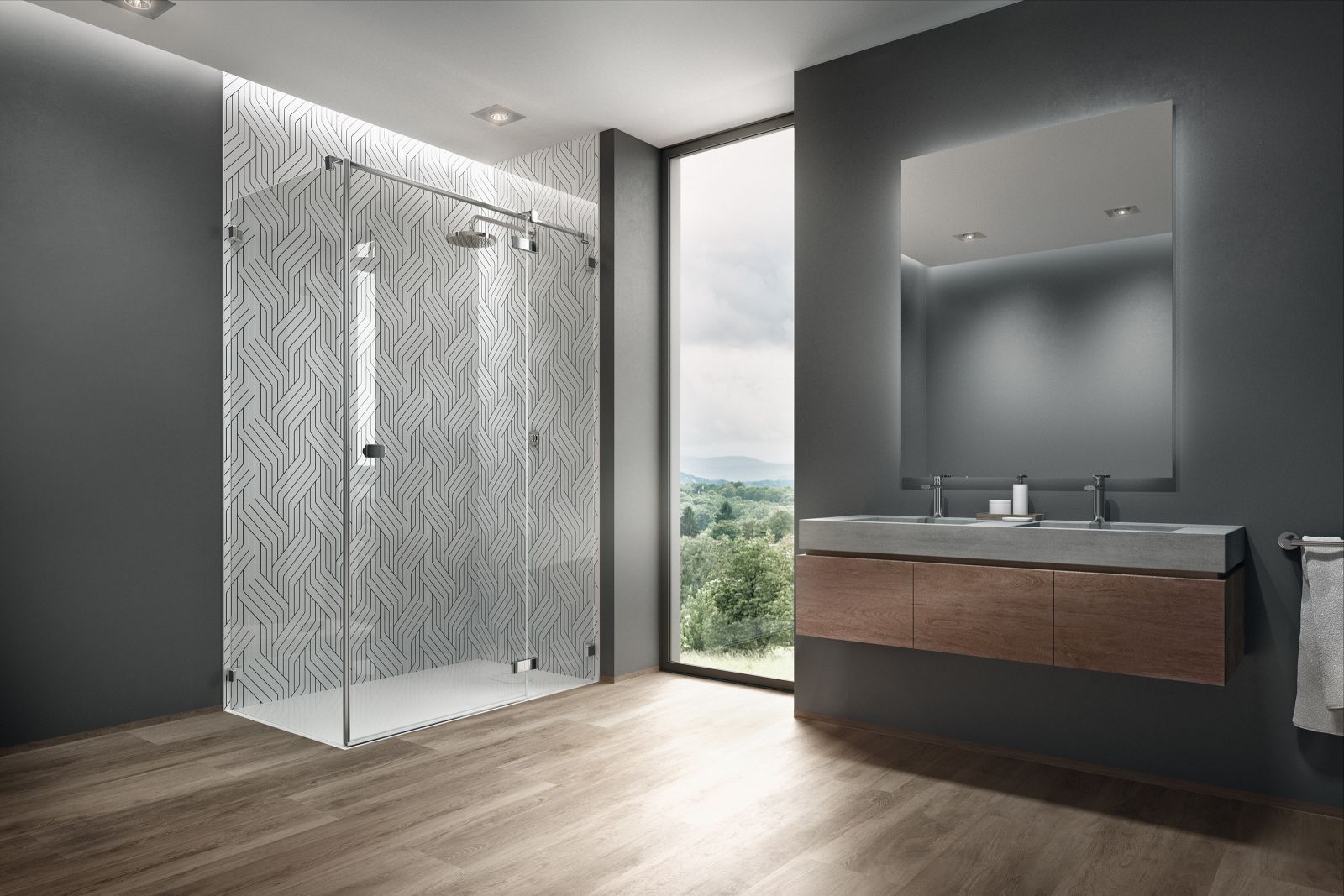 Für eine individuelle Gestaltung: Die Wandverkleidung «Pan Elle» ist von architektonischen Trends inspiriert und wurde um die vier neuen Muster «Graphics» erweitert. Für deren Intensität stehen vier Stufen zur Auswahl. Design: Peter Wirz.