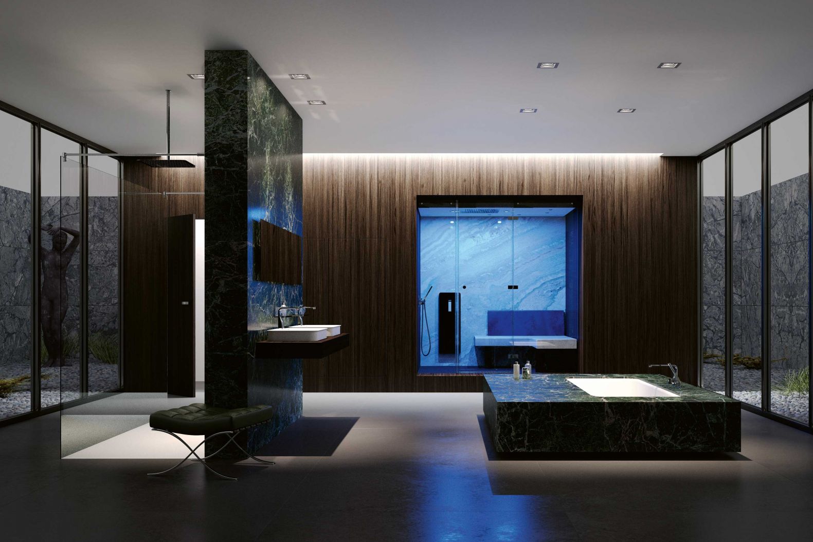 Ein richtiger Eyecatcher ist die Badewanne «Genf». Sie besticht durch ihre puristische Formensprache und überrascht mit geräumigen Innenmassen. Mit dem schlanken Glaspaneel «Atlanta» wird die Dusche zum gesunden Dampfbad. REPABAD.