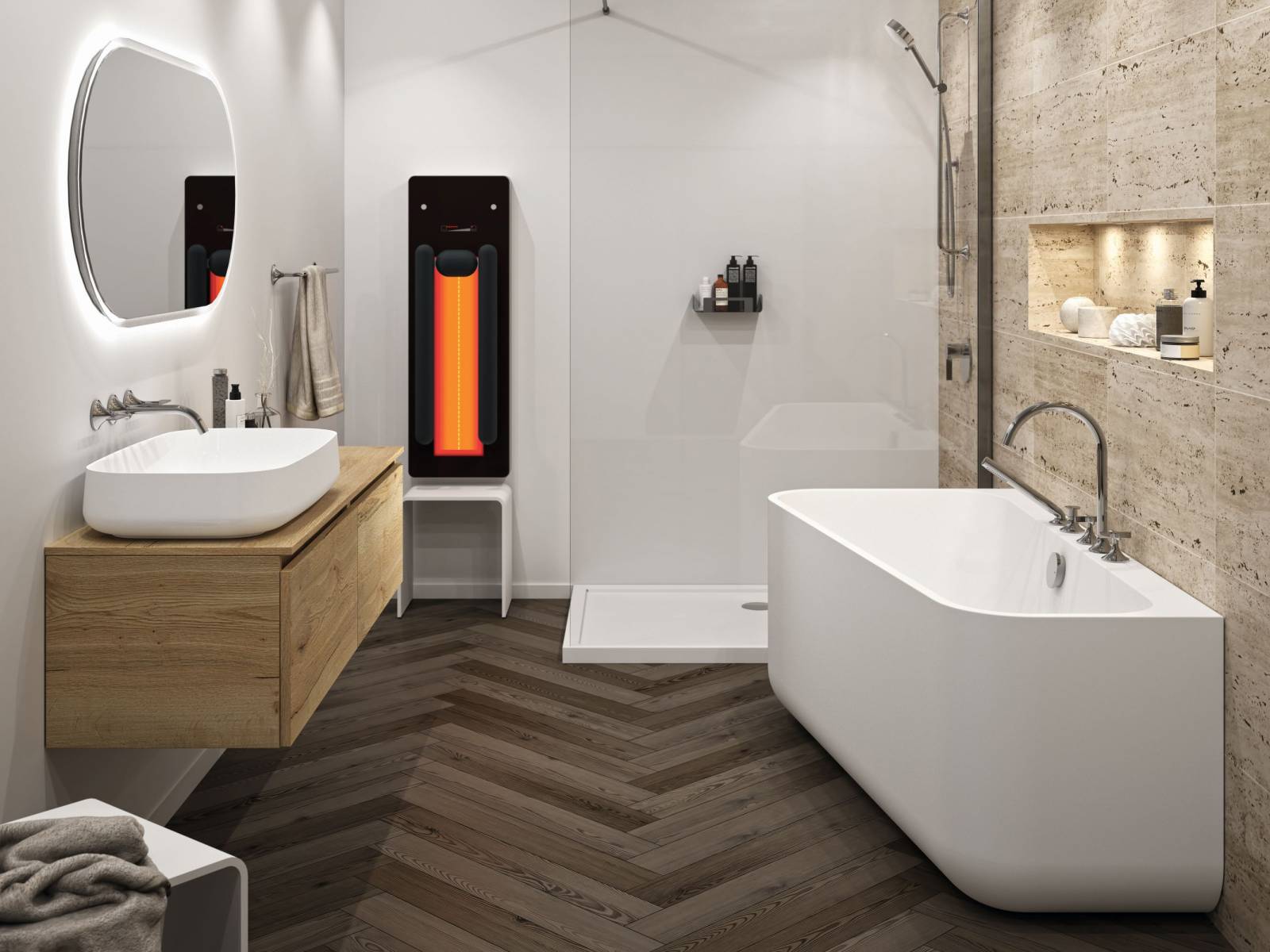 Auch neben der Dusche nimmt der Infrarotstrahler von Repabad nicht viel Platz ein.