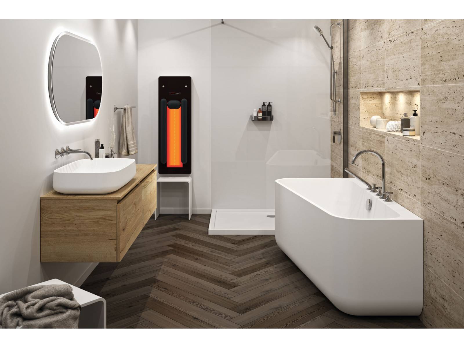 Auch neben der Dusche nimmt der Infrarotstrahler von Repabad nicht viel Platz ein.