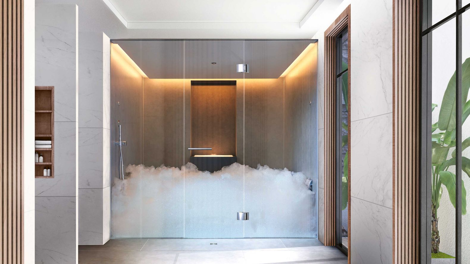 ESPURO®: Das weltweit erste Schaumdampfbad eröffnet völlig neue Badezeremonien. Wohltuender Wasserdampf entspannt, Duft inspiriert die Sinne, Farben wecken Gefühle und Schaumberge reinigen und entspannen zugleich. ESPURO® schenkt eine unvergessliche Reise, die zum Fühlen, Riechen und Träumen einlädt. Der duftende, pflegende Schaum steigt bis auf Hüfthöhe an, untermalt von Lichteffekten und entspannenden Klängen. Alle Sinne werden angesprochen und der Körper wird sanft erwärmt und auf die zweite Badephase vorbereitet: einen lauwarmen Nieselregen, der die Anwendung beendet. Die Schaumdampfbad-Essenzen wurde von KLAFS speziell entwickelt. klafs.ch