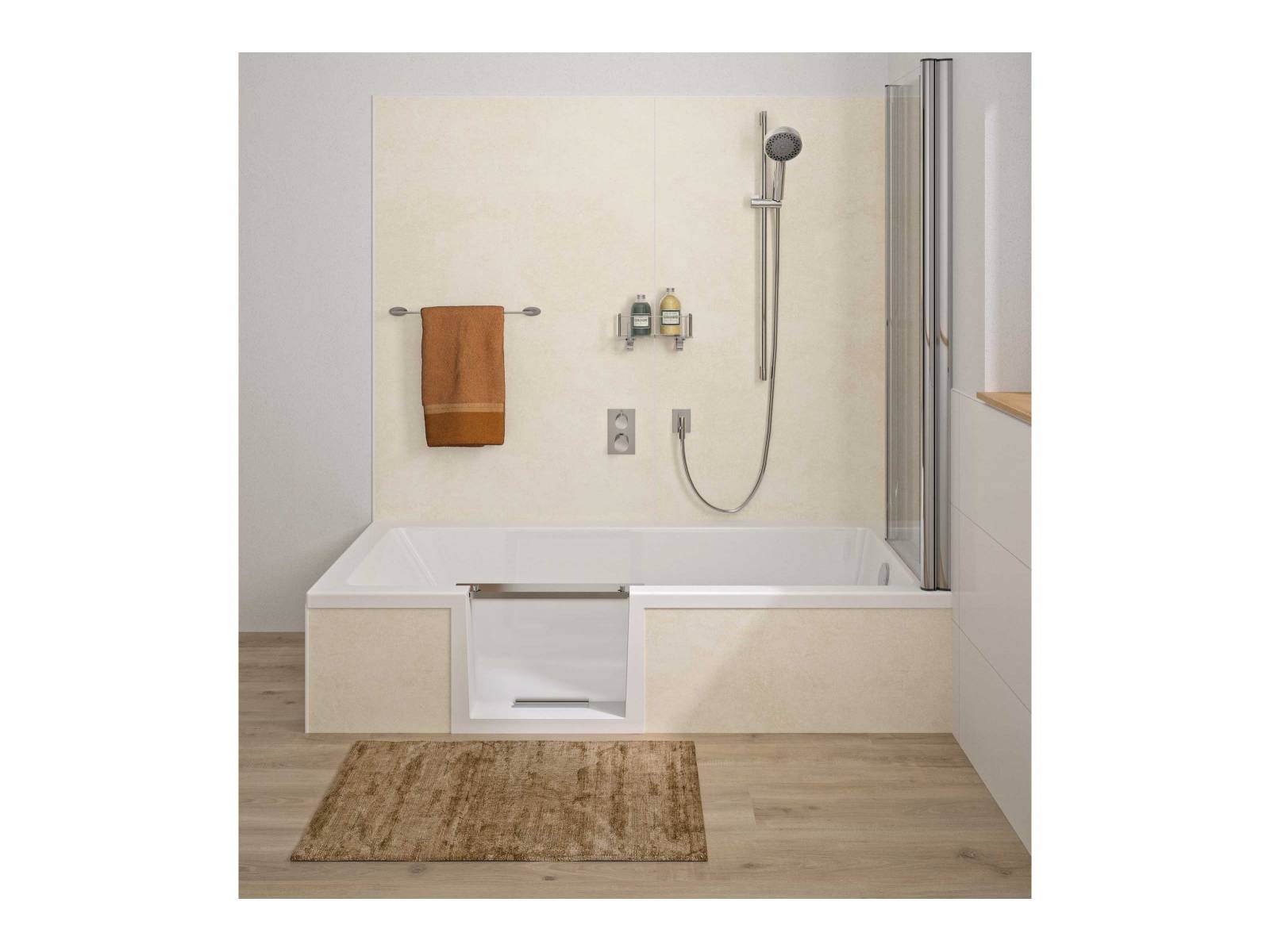 Eine ansprechende Wandgestaltung sorgt für Stimmung und Atmosphäre, sei es in Wohnräumen oder im Badezimmer. Hier bieten Wandplatten der Kollektion «Repaneel» eine angenehme Kulisse für die Duschbadewanne «Livorno Mono Easy» und Co. In diversen Dekoren, darunter Vanille. REPABAD.