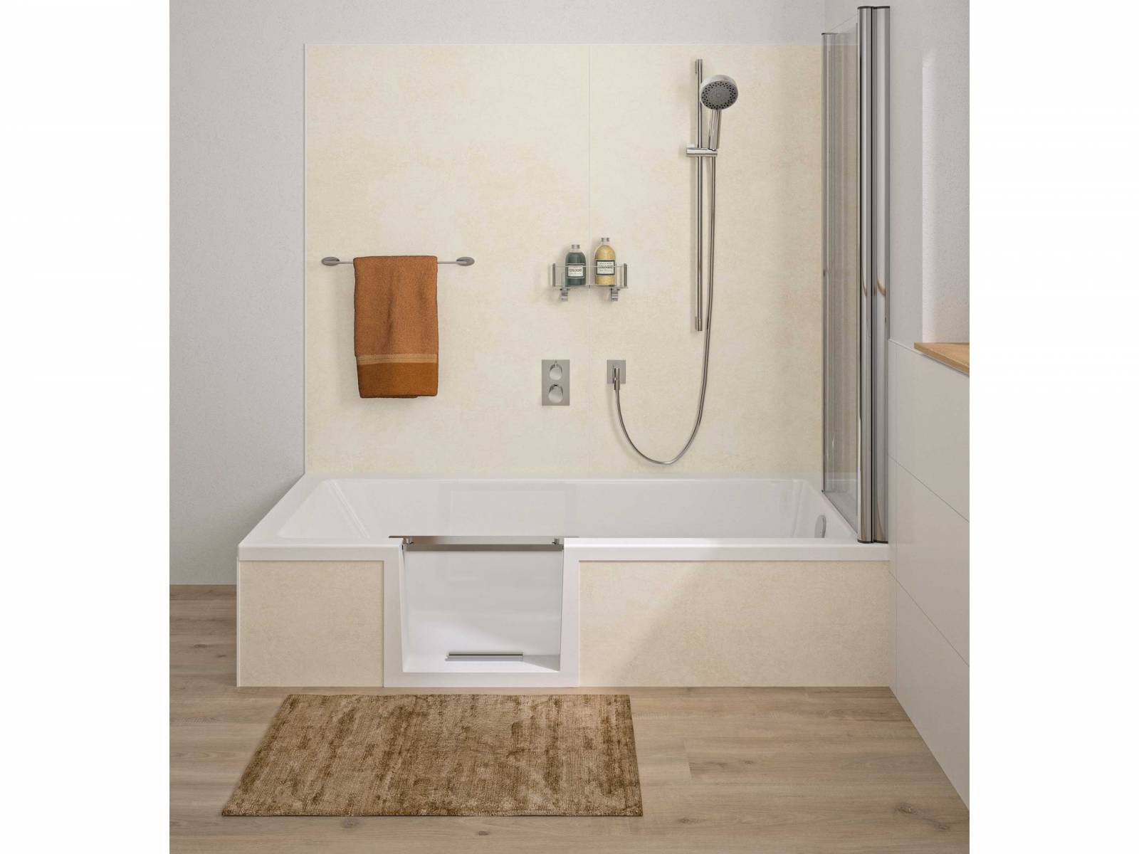 Eine ansprechende Wandgestaltung sorgt für Stimmung und Atmosphäre, sei es in Wohnräumen oder im Badezimmer. Hier bieten Wandplatten der Kollektion «Repaneel» eine angenehme Kulisse für die Duschbadewanne «Livorno Mono Easy» und Co. In diversen Dekoren, darunter Vanille. REPABAD.