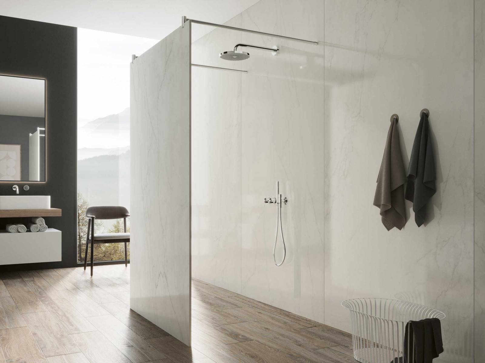 Wenn eine Duschwand alle Blicke auf sich zieht, muss sie etwas Besonderes sein. Bei «Kerbon» ist das der Fall – aufgrund der unterschiedlichen Gestaltung der keramischen Oberflächen auf Vorder- und Rückseite und der Möglichkeit einer Massanfertigung. HGC.