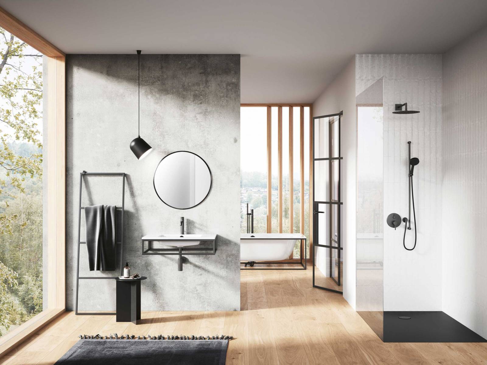 In luftig gestalteten Bädern kommen die Waschtische der Kollektion «Frame» besonders gut zur Geltung, denn die schwarzen Stahlrahmen, die das rechteckige Becken «Mero Frame» oder das leicht gewölbte Becken «Lotus Frame» (im Bild) sanft einfassen, betonen den modernen Industrial-Look. SCHMIDLIN.