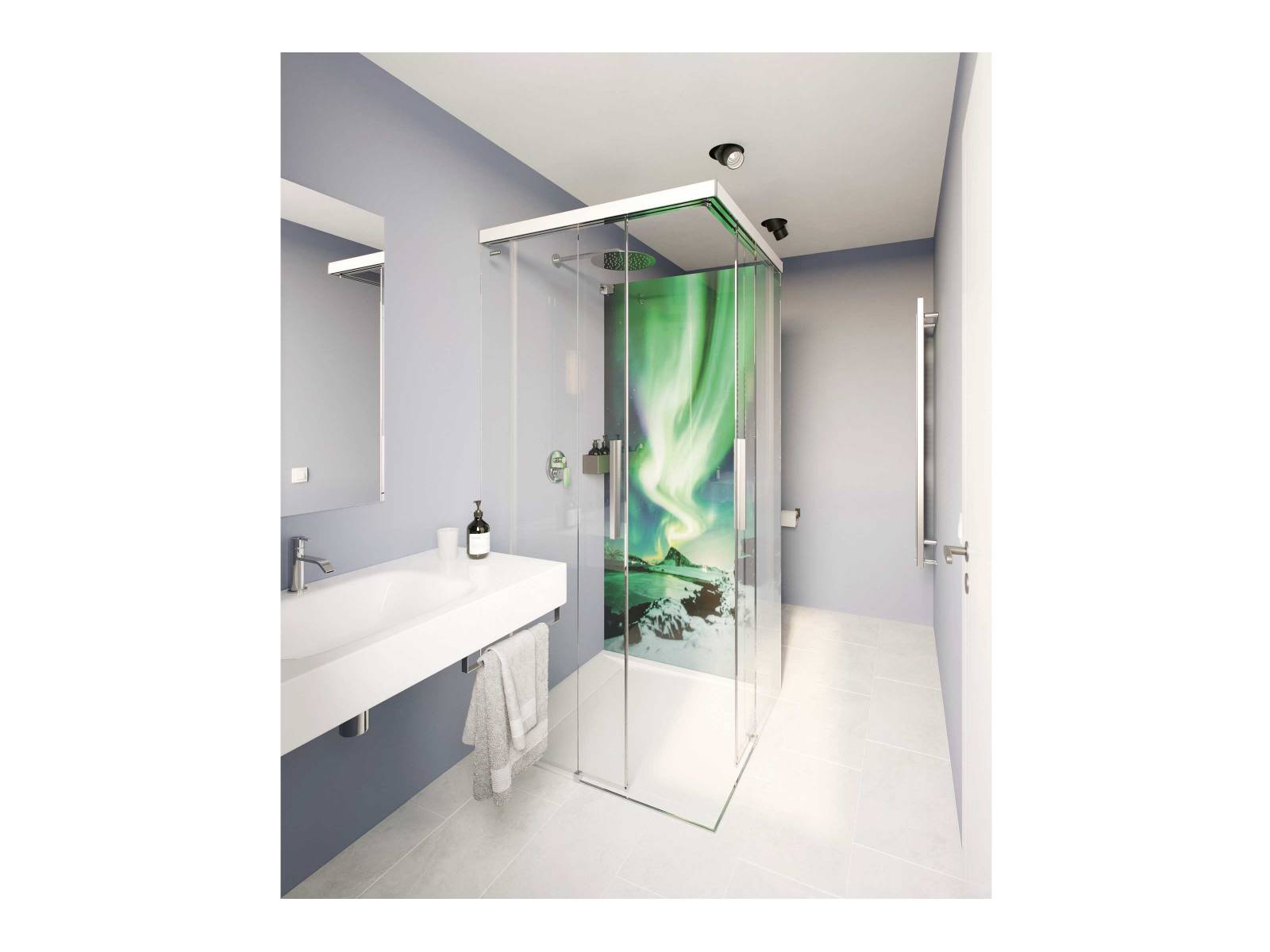 Mittlerweile sind den Gestaltungsmöglichkeiten im Badezimmer kaum noch Grenzen gesetzt. Sogar das Bedrucken von Duschwänden mit individuellem Wunschmotiv ist möglich – als Teildruck oder vollflächig bis zu 2 x 3 m. DUSCHOLUX.