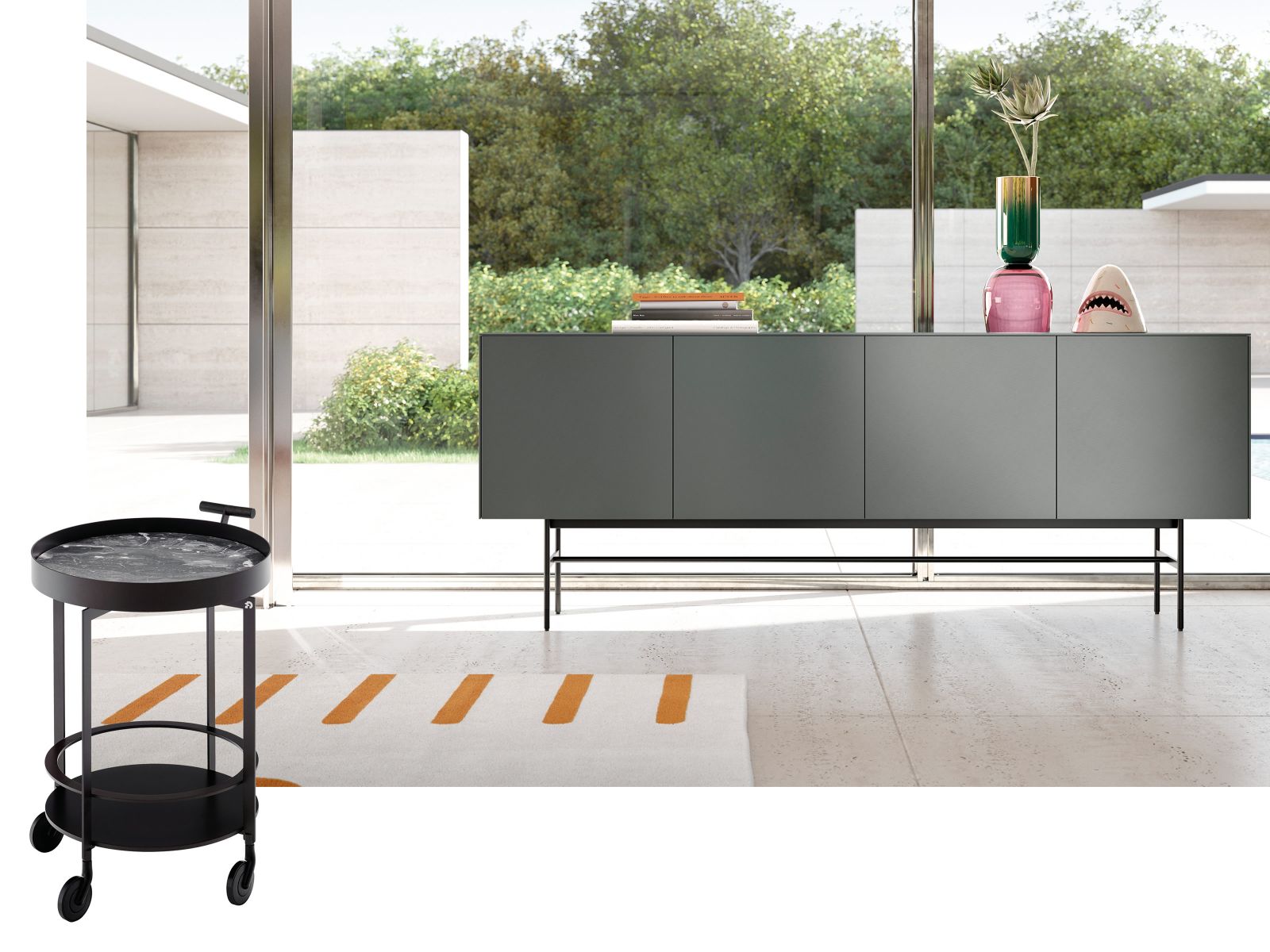 Der Barwagen «DAY» von Daenert wird mit dem Wohnprogramm «ALEA» von Kettnaker im Concept Store in Steinhausen präsentiert.