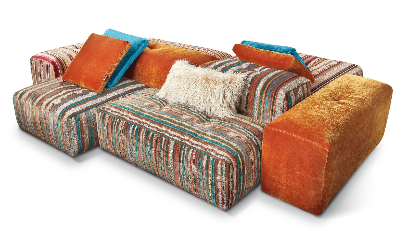 Das Sofa «Drop City» kann mit frei positionierbaren Verbindern stetig flexibel umgestellt werden. Gestaltet wurde es von Dagmar Marsetz, inspiriert durch das sonnige Kalifornien der 60er Jahre.