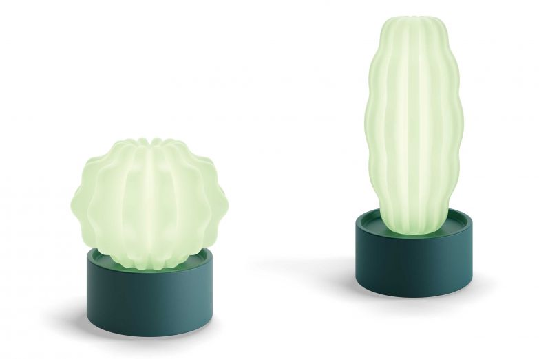 Die zwei ungewöhnlichen «Cactus»-Leuchten sind kabellose LED-Leuchten. Sie geben ein sanftes Licht und können auch draussen stehen. Serralunga.