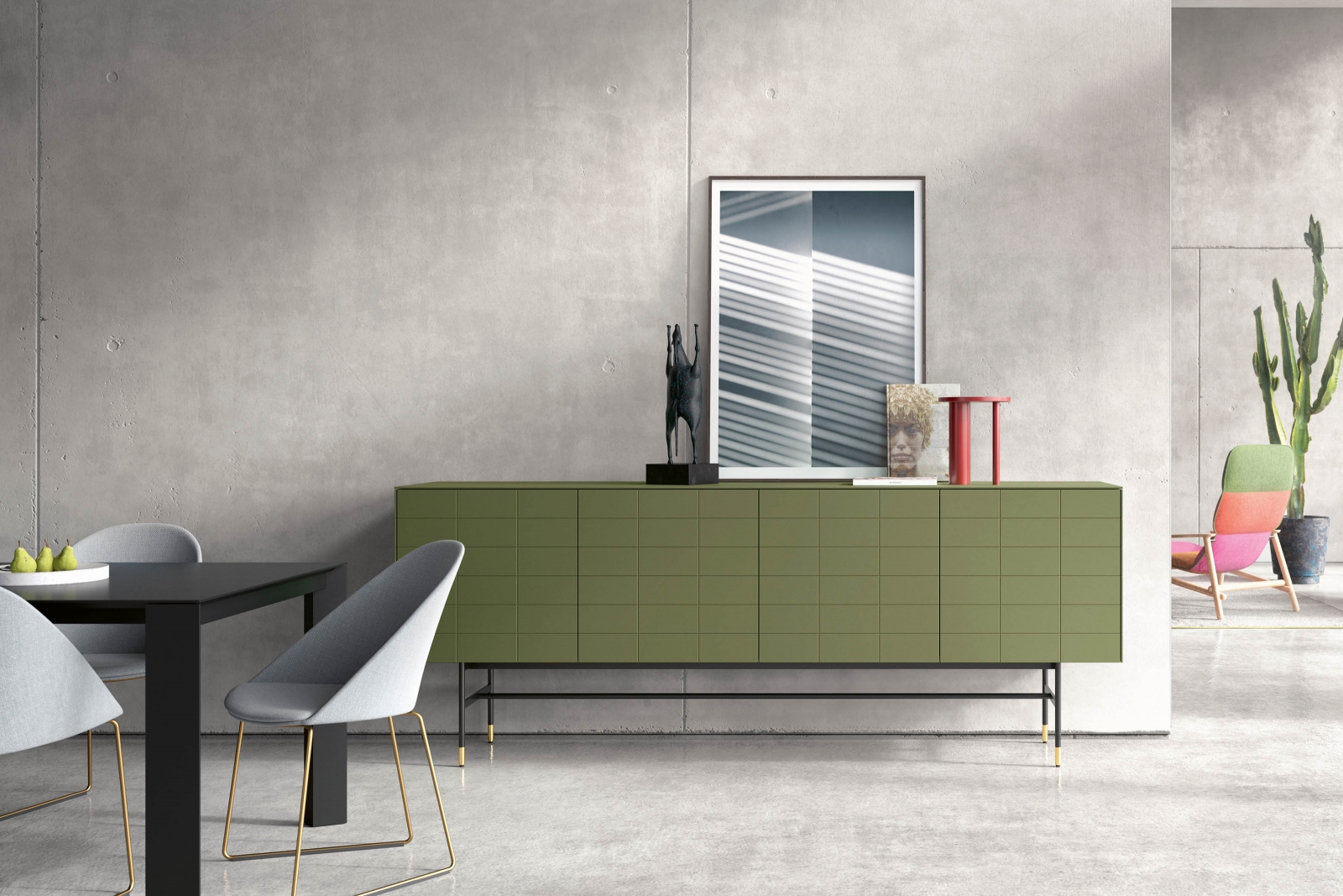 Durch die Trennung von Oberfläche und Korpus lässt sich beim System «Soma» das äussere Erscheinungsbild des Möbels jederzeit verändern: Sechs Millimeter feine Blenden in unterschiedlichsten Farben und Materialien werden von im Korpus eingelassenen Magneten gehalten.