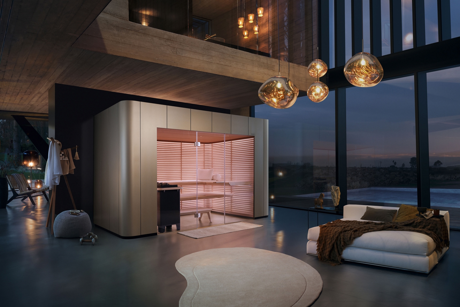 Ob als freistehende Variante mit einer Front in Champagner-Metallic oder als massgefertigte Einbauvariante, die Sauna «S 11» präsentiert sich funktional und designstark im Raum.