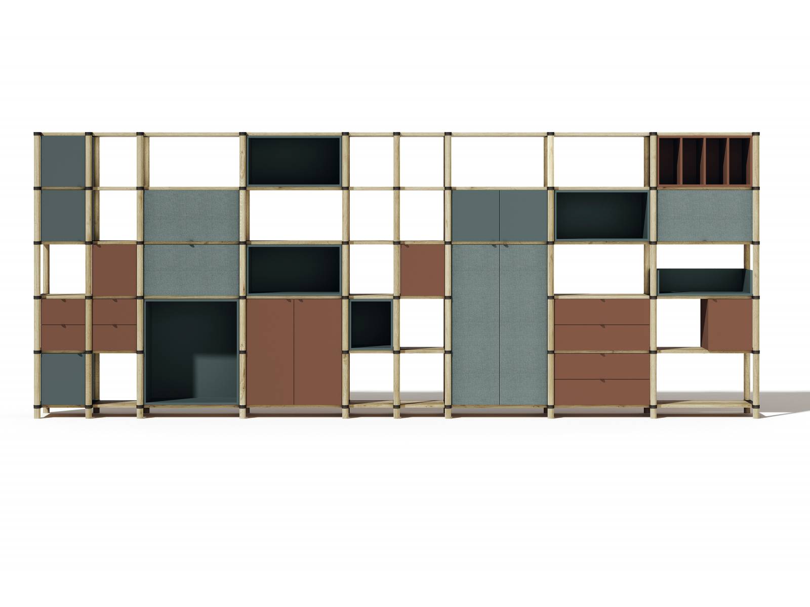 Wie der Name bereits vorwegnimmt, kann das «Stem Infinity System» nach Bedarf in die Höhe oder in die Breite wachsen. Der Rahmen aus massivem Eichenholz ist durch Aluminium-Querstangen miteinander verbunden. Er bildet das Grundgerüst für den Entwurf von Philippe Nigro, in das sich kolorierte Stauraumelemente, Trennwände, Garderoben oder Sitzbänke einfügen lassen.