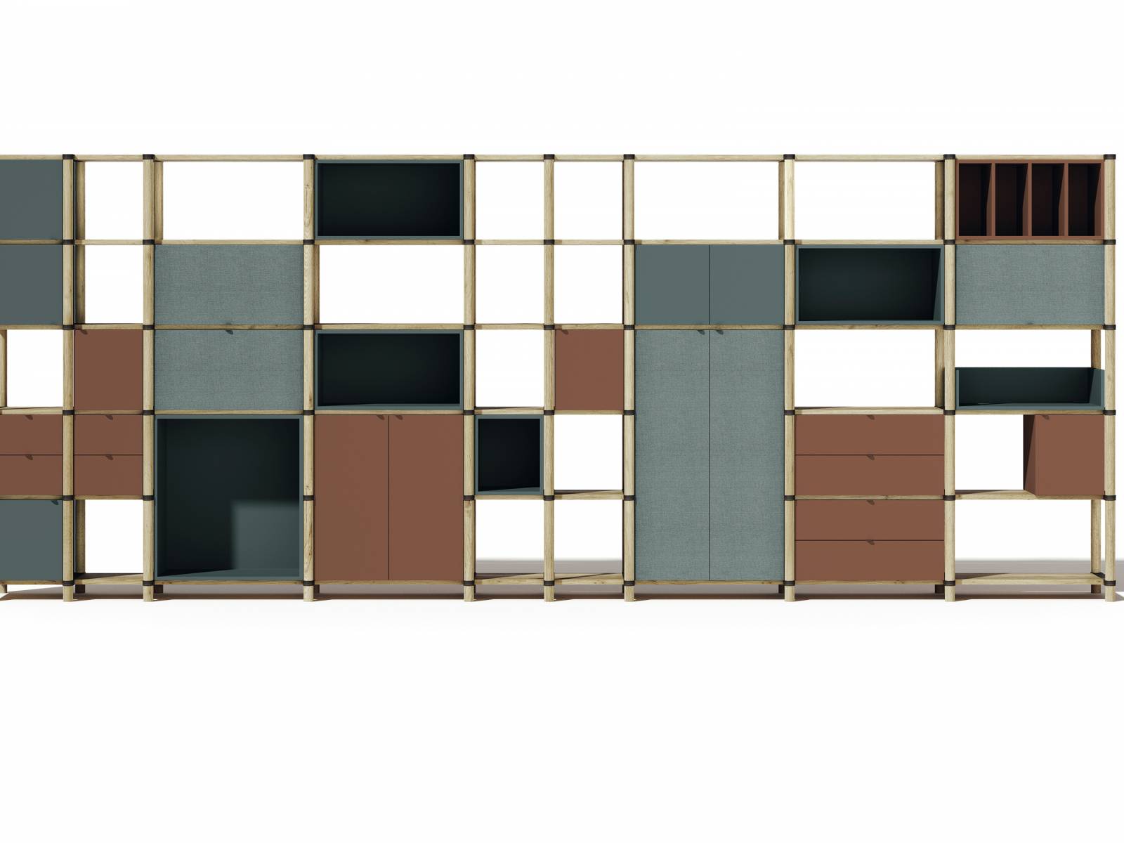 Wie der Name bereits vorwegnimmt, kann das «Stem Infinity System» nach Bedarf in die Höhe oder in die Breite wachsen. Der Rahmen aus massivem Eichenholz ist durch Aluminium-Querstangen miteinander verbunden. Er bildet das Grundgerüst für den Entwurf von Philippe Nigro, in das sich kolorierte Stauraumelemente, Trennwände, Garderoben oder Sitzbänke einfügen lassen.