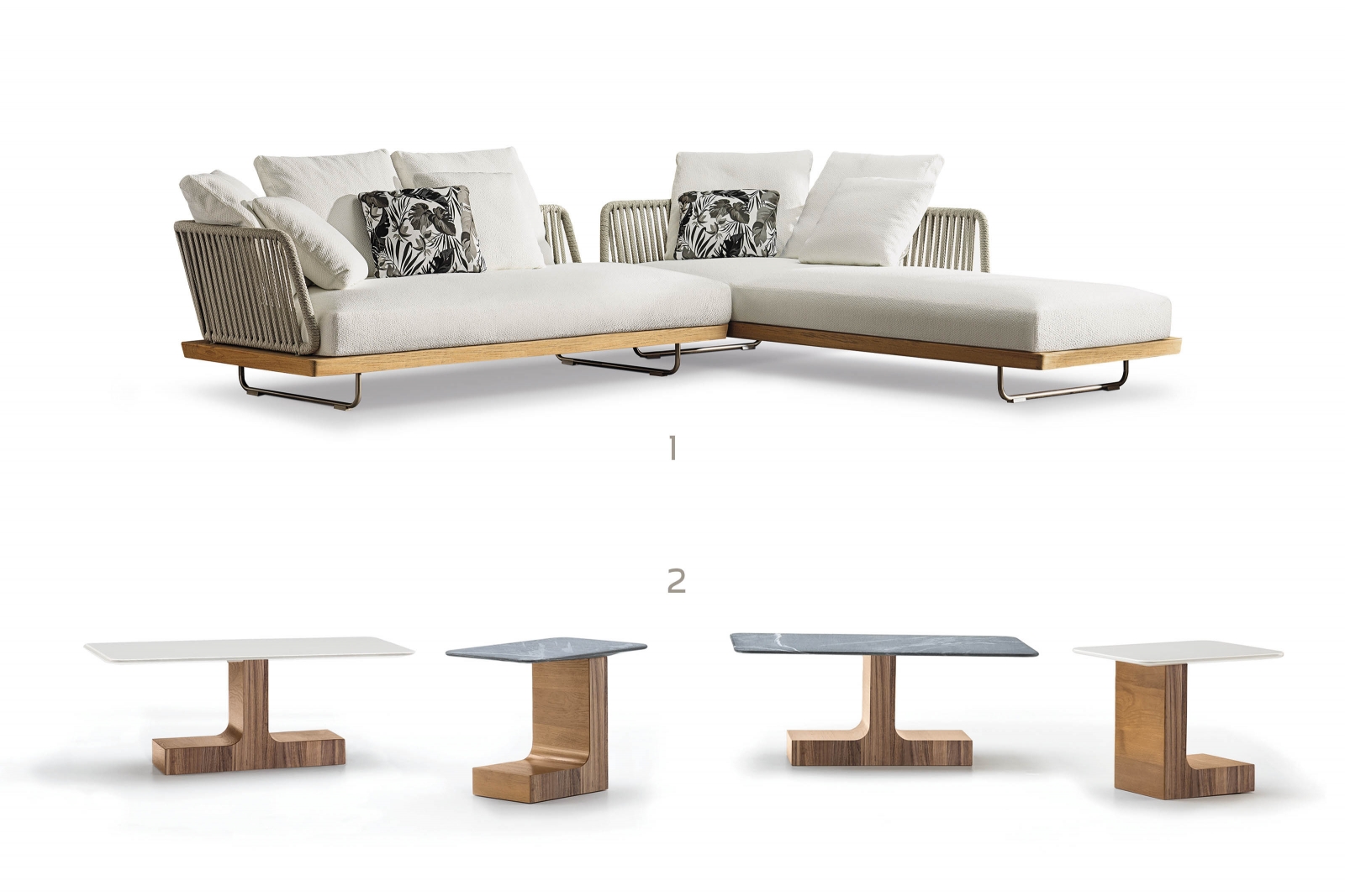1_Genau richtig in Zeiten aufgezwungener Sesshaftigkeit: Mit Sessel, Sofa, Chaiselongue, Liebessitz oder Tagesbett besteht die Sitzlandschaft «Sunray» aus einzelnen Teilen, die sich problemlos miteinander kombinieren lassen. Design: Rodolfo Dordoni. 2_Das skulpturale, fast derbe Aussehen von Tisch «Block Outdoor» will an die brutalistische Architektur der 1950er-Jahre erinnern. Der Fuss aus massivem Teak trägt eine Platte aus Marmor oder Kunststoff.