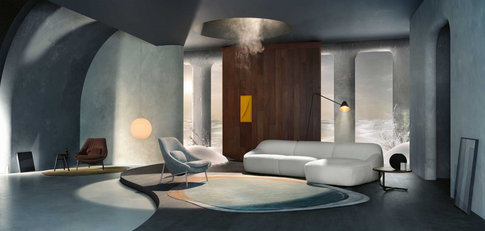 Das grundlegende Designmerkmal der Möbel ist eine weiche, abgerundete Formensprache. Diese wird mit einem inspirierenden Markenauftritt, den das Studio Roderick Vos aufgebaut hat, entsprechend inszeniert. In dem hier gezeigten Raum finden sich die Neuheiten von 2023 zu einem stimmungsvollen Ensemble zusammen: Sofa «Nivti» von Meike Harde, Teppich «Shallow» von Claire Vos und Sessel «Tresto» von Yonoh Studio.