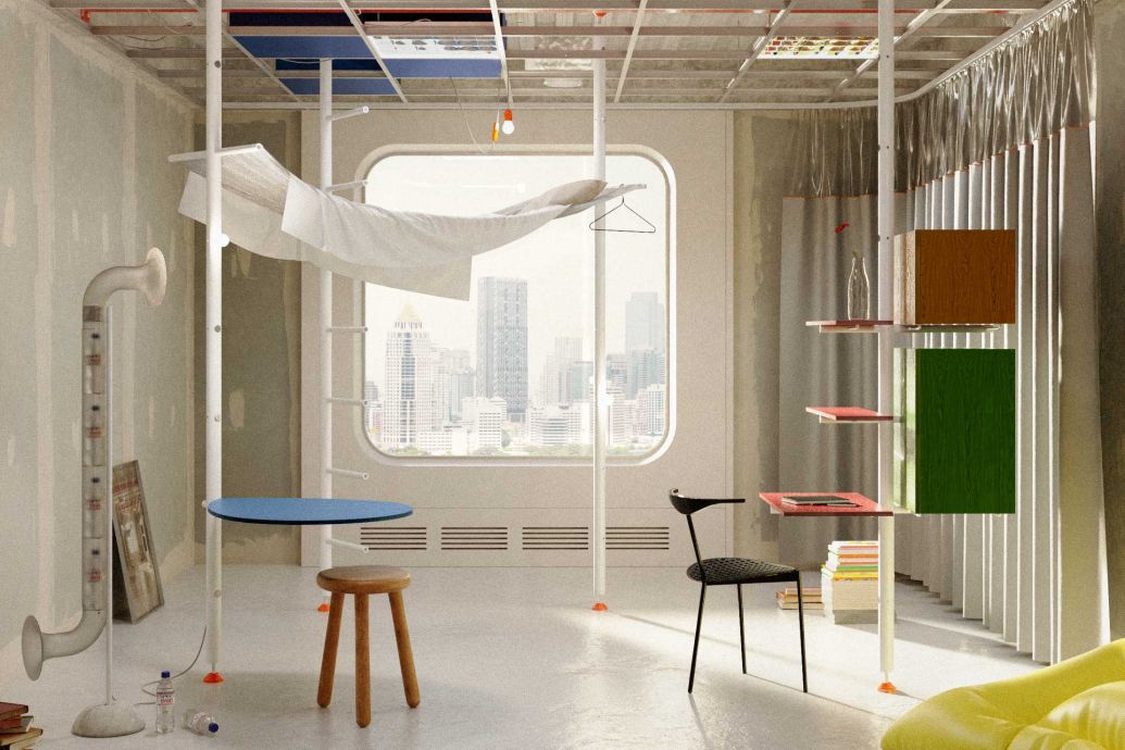 Wir werfen einen Blick auf das Jahr 2050 – Klimakrise, Automatisierung im Dienstleistungssektor und Migration werden zu tiefgreifenden Veränderungen führen, die sich auch auf die Stadtbilder auswirken werden: Es herrscht grosser Mangel an Wohnraum. Dieses einheitliche modulare Möbelsystem stellt eine kostengünstige Möglichkeit dar, ehemalige Büroflächen in Wohnraum umzuwandeln. Im Mittelpunkt des Systems steht ein Mast aus recyceltem Aluminium, der einfach montiert werden kann und zum Träger für alle Arten von Nutzungen wird. HEGERETDEMUMIEUX.COM