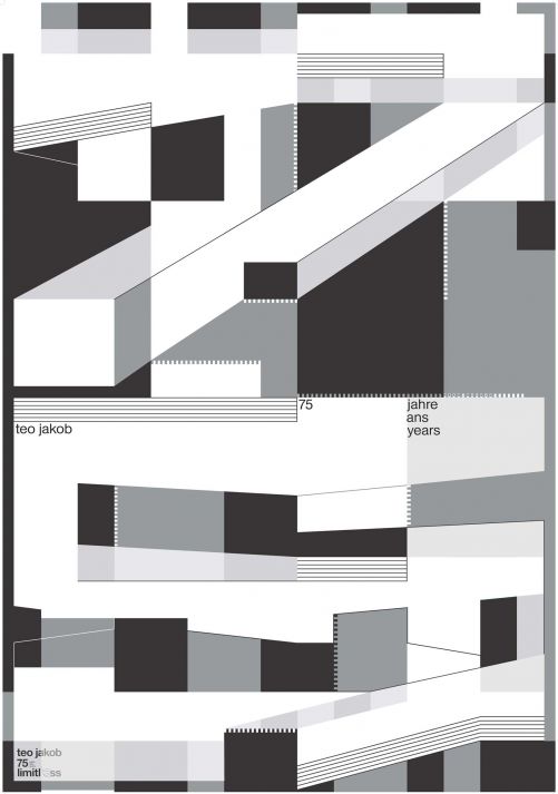 Fünf Absolvierende der HEAD in Genf waren eingeladen, eine Affiche für das 75-jährige Jubiläum von Teo Jakob zu gestalten. Das Rennen machte der Entwurf von Antoine Pasi. Der in Genf und Paris lebende Gestalter griff das Jahresthema «limitless» von Teo Jakob auf und liess es in seinen Entwurf einfliessen. Wer genau hinsieht, erkennt die Jubiläumszahl. Die Gelegenheit dazu gibt es aktuell bei Teo Jakob an der Gerechtigkeitsgasse 25 in Bern, wo die Plakate ausgestellt sind.