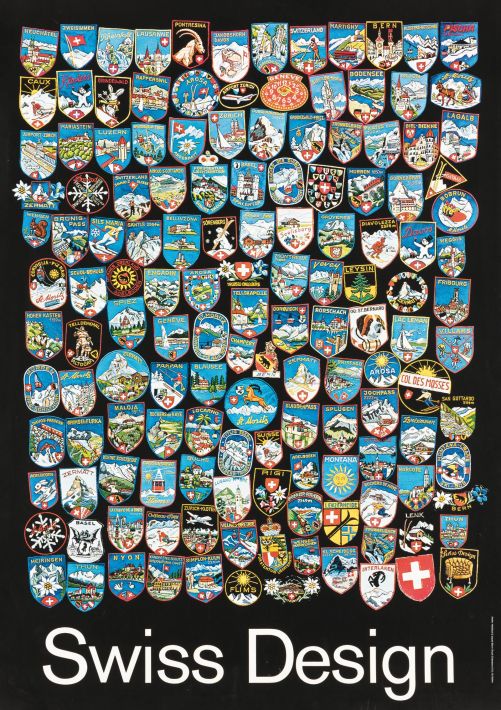 Das «Swiss Design»-Plakat vom Atelier Hablützel & Jacquet (um 1968) zeigt eine Aneinanderreihung typischer Kofferaufkleber von Schweizer Bergdestinationen – ergänzt durch einen Aufkleber mit einem Haussmann-Sessel. Das damals gewagte Design verweist auf die 1958 von Teo Jakob mitbegründete Gruppe Swiss Design, die modernes Schweizer Möbeldesign international bekannt machte.