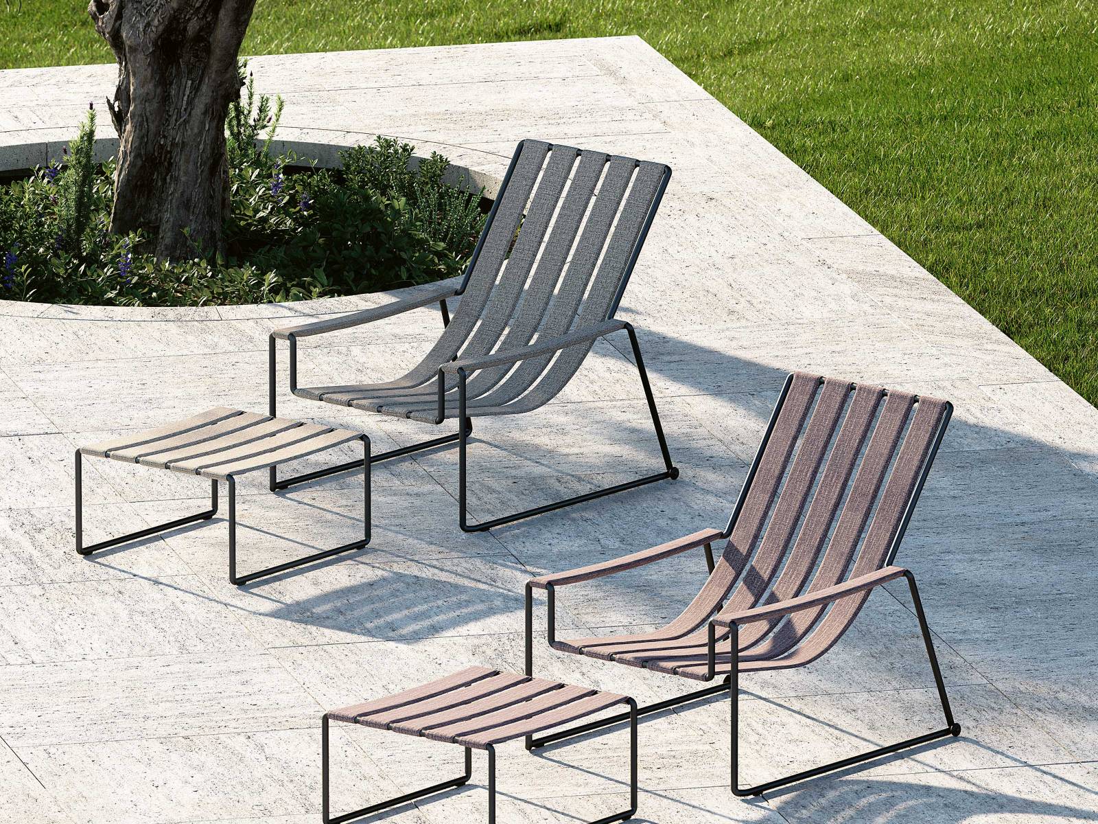 Längsstreifen machen bekanntlich schlank. Und so kann auch «Strappy» mit einer schmalen Silhouette punkten. Deren Eleganz wird von den gepolsterten Sitzgurten unterstrichen, die im filigranen Edelstahlrahmen aufgehängt zu sein scheinen. Der Clou: Die Gurte sind auswechselbar. ROYAL BOTANIA.