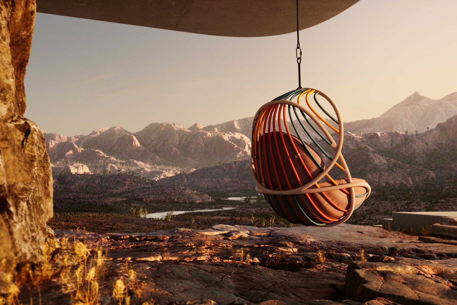 Für natürliche Ruhe sorgt hier nicht nur die fantastische Landschaft, sondern auch der Hängesessel «Kida». Er ist das erste Möbel des Herstellers, das nicht geflochten, sondern gewickelt wird. Seine Form ist wiegenartig, organisch, leicht und einladend. Design von Stephen Burks. Dedon
