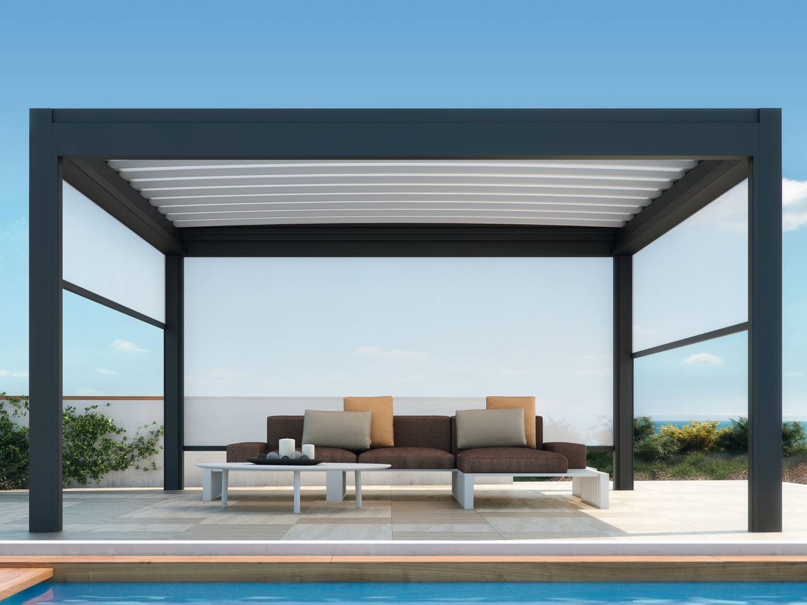 Die Designpergola «Nomo» ist mit einem wasserdichtem Faltdach ausgestattet und kann teilweise oder vollständig aufgeschoben werden. Optional stehen Stoffbahnen in verschiedenen Farben zur Verfügung, die wie eine Art Baldachin unter dem Faltdach verlaufen. Pratic.