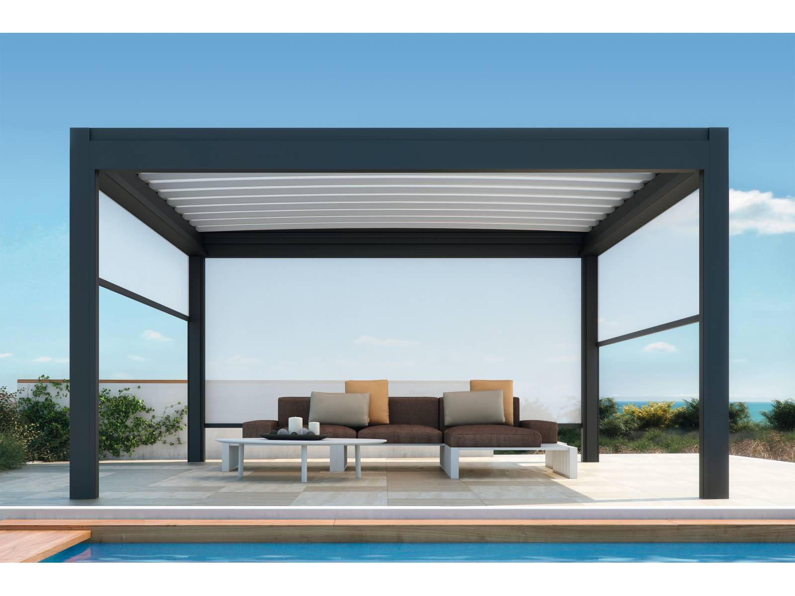 Die Designpergola «Nomo» ist mit einem wasserdichtem Faltdach ausgestattet und kann teilweise oder vollständig aufgeschoben werden. Optional stehen Stoffbahnen in verschiedenen Farben zur Verfügung, die wie eine Art Baldachin unter dem Faltdach verlaufen. Pratic.