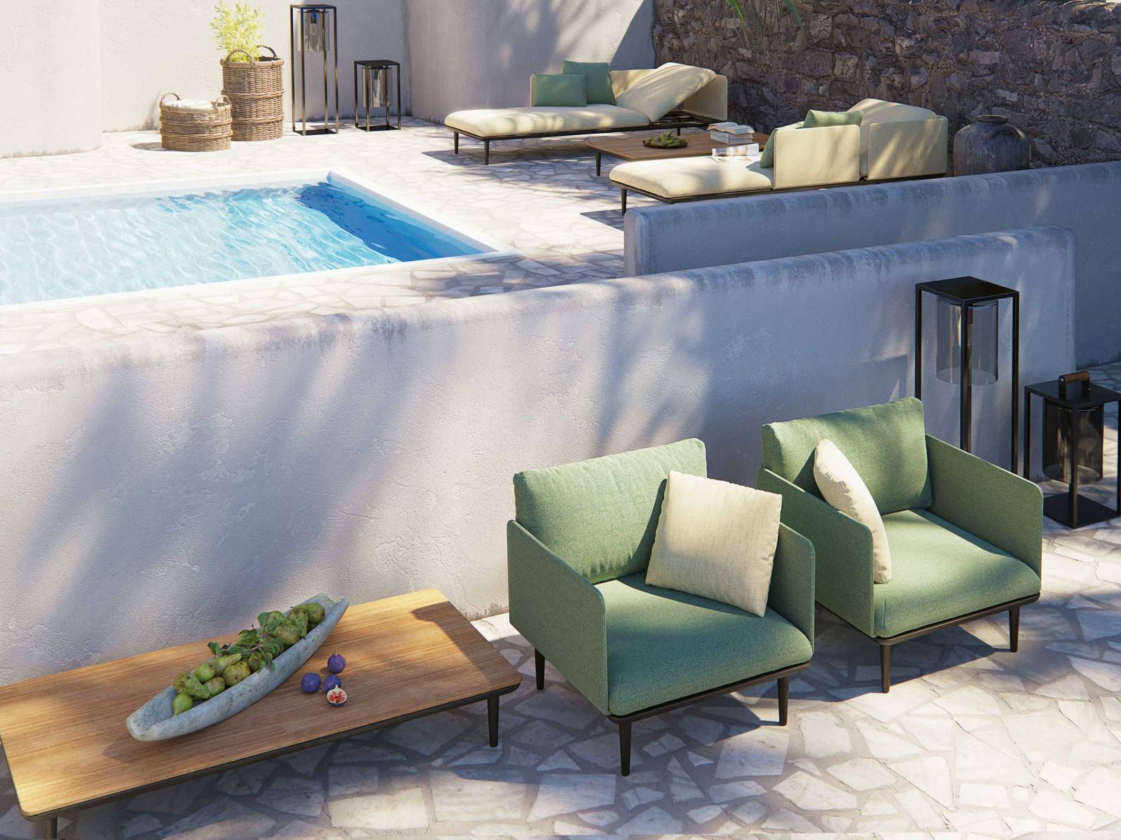 «Styletto» umfasst eine ganze Kollektion, die mit Eleganz, Klarheit und Minimalismus überzeugt. Ob als Esstisch-Garnitur oder wie hier als Sonnenliegen und Sessel – die Modelle in natürlichen Farbtönen laden zu jeder Tageszeit zum Entspannen ein. ROYAL BOTANIA.