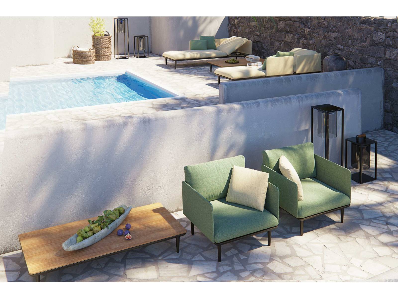 «Styletto» umfasst eine ganze Kollektion, die mit Eleganz, Klarheit und Minimalismus überzeugt. Ob als Esstisch-Garnitur oder wie hier als Sonnenliegen und Sessel – die Modelle in natürlichen Farbtönen laden zu jeder Tageszeit zum Entspannen ein. ROYAL BOTANIA.