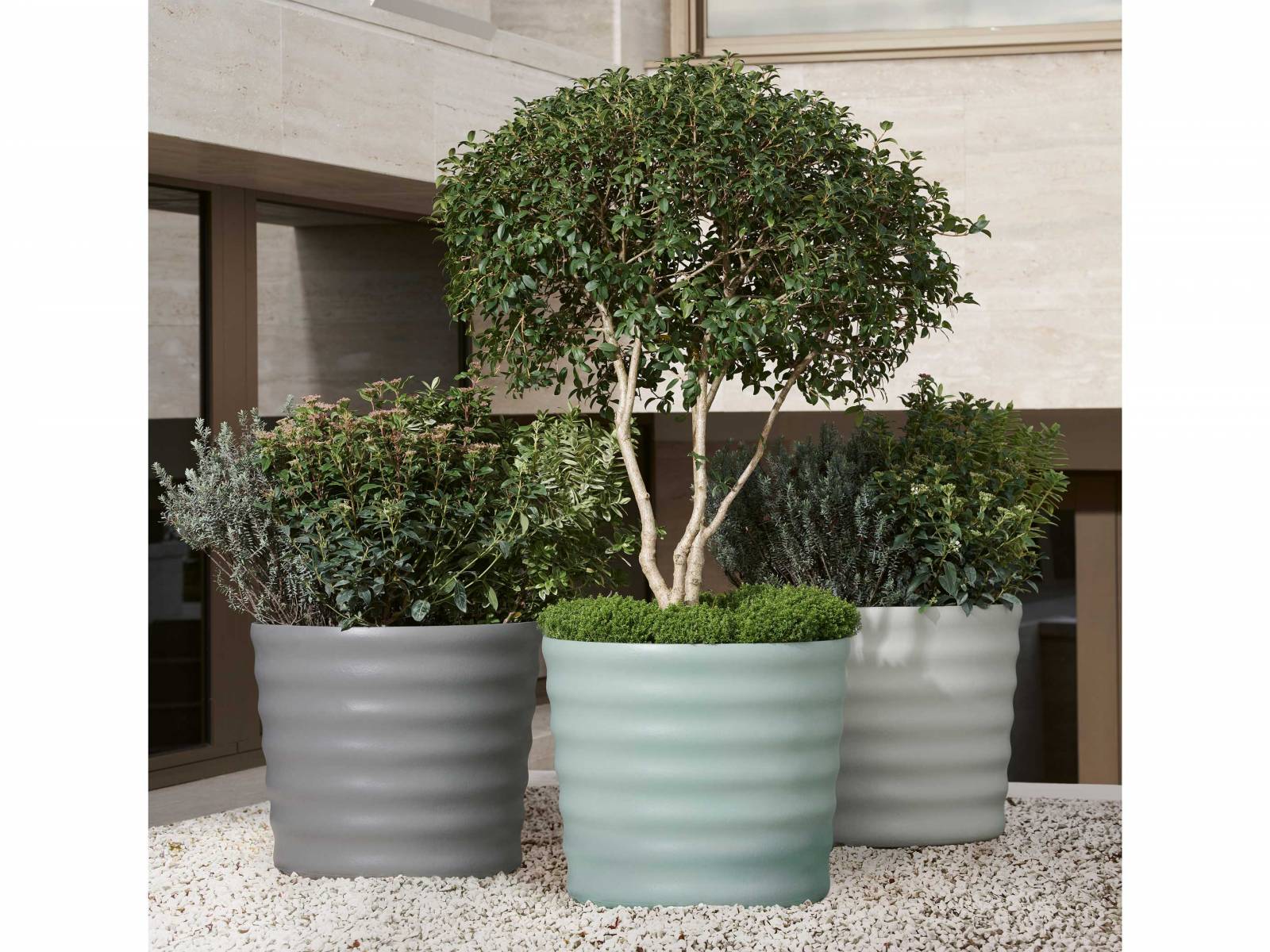 Drei wohlklingende Namen – Jade, Schiefer und Granit – stehen für die Farbauswahl der neuen «Maia»-Pflanzgefässe aus Faserzement, die mit ihrer leicht gewellten Oberfläche einen Kontrast zu anderen mit glatter Struktur schaffen. Mit ihrer stattlichen Höhe von 50 cm und einem Fassungsvermögen von 96 l eignen sie sich auch für grössere Pflanzen. ETERNIT.